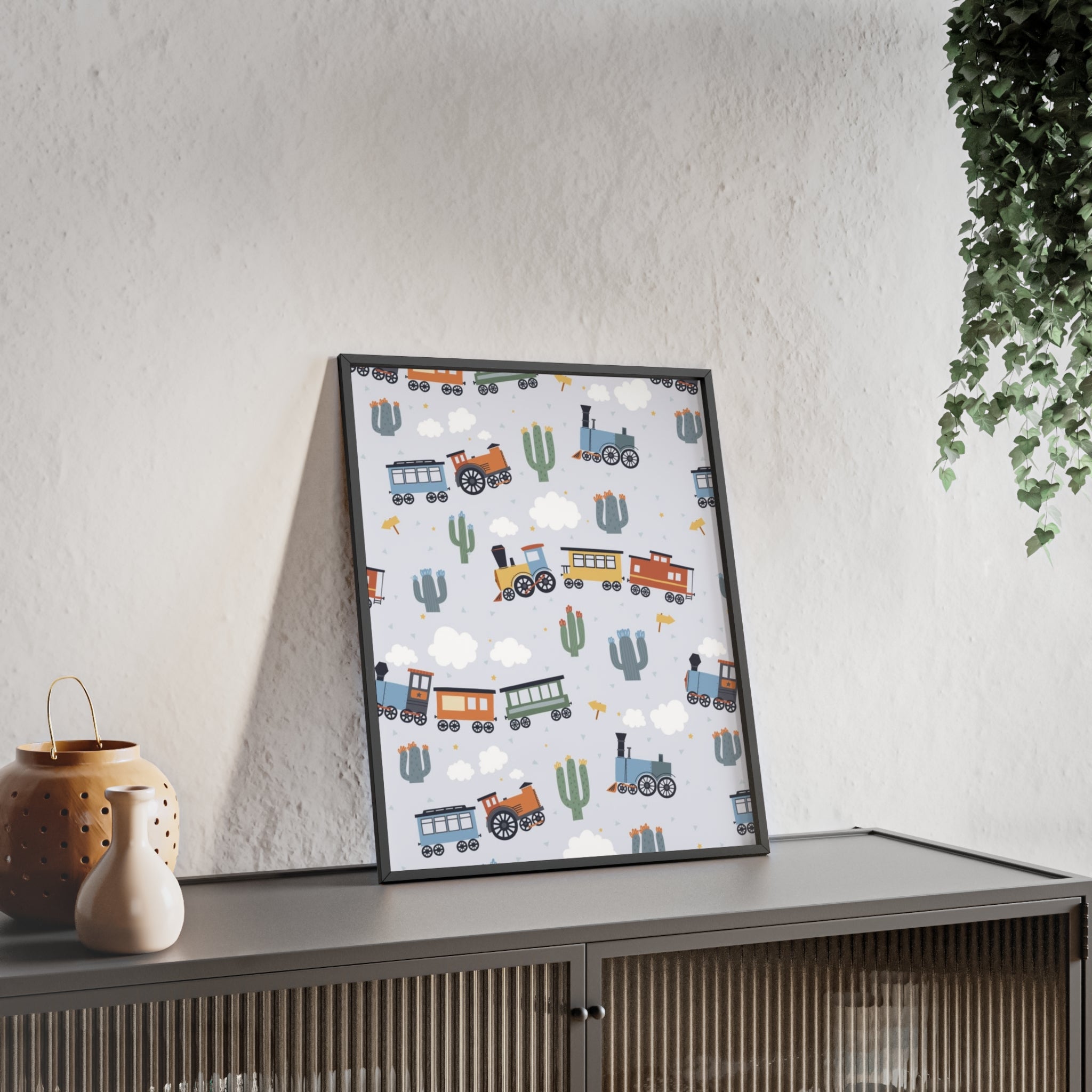 Kids' Train Poster with Wooden Frame — Nursery Wall Art, Playroom Decor