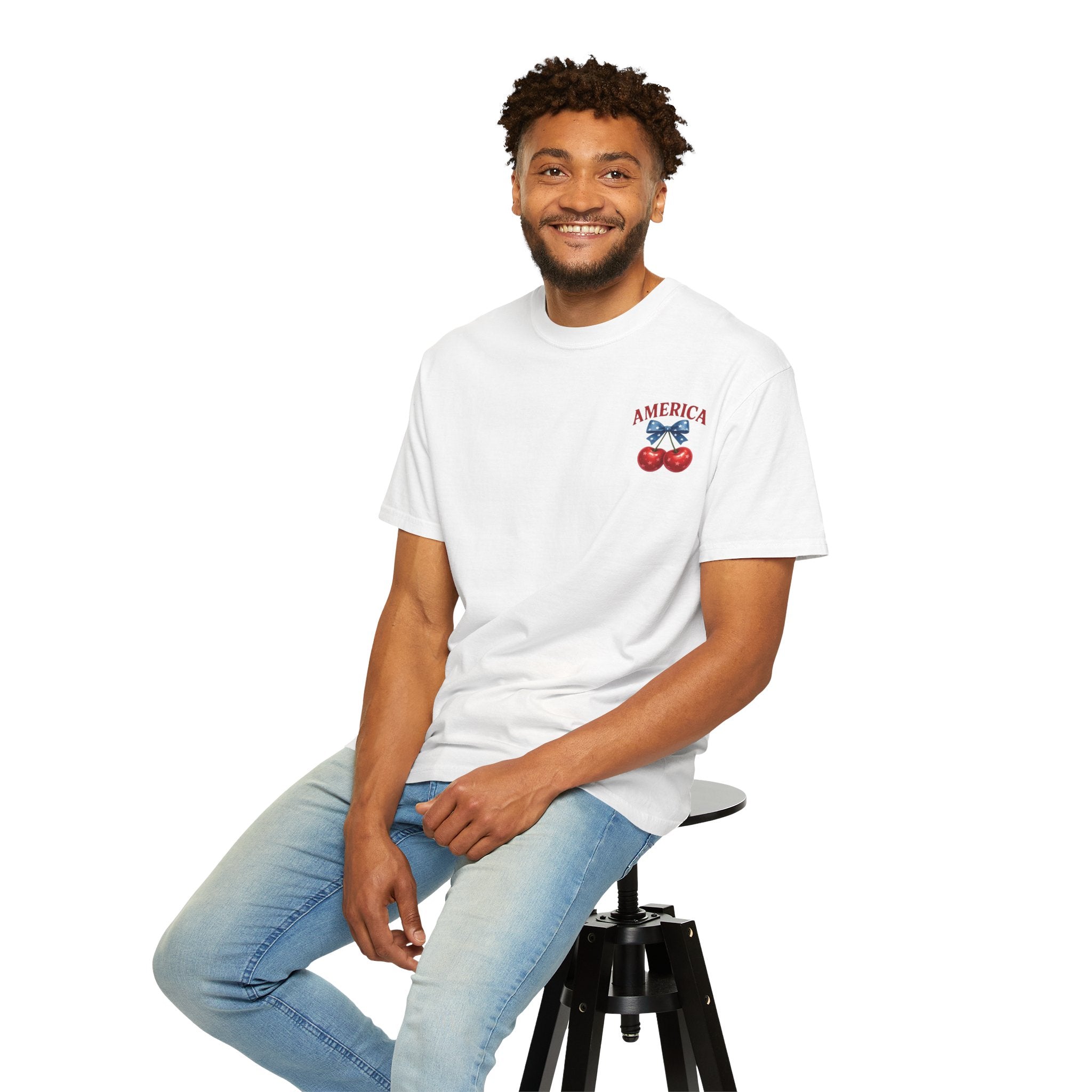 America Cherry Bow T-shirt | Patriotic Stars & Stripes Cherry Design