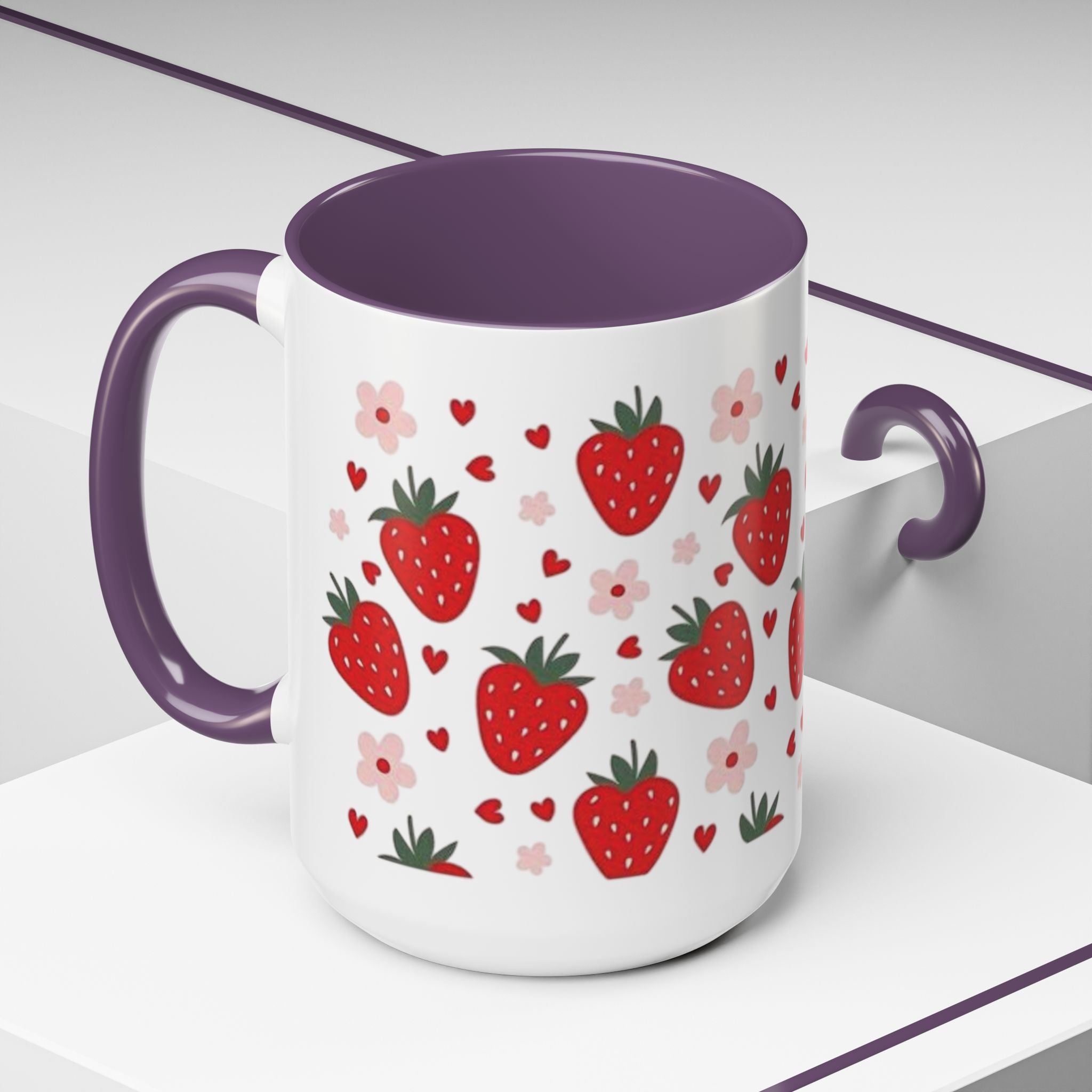 Strawberry Pattern Accent Coffee Mug — Cute Red Berries & Hearts 11/15oz