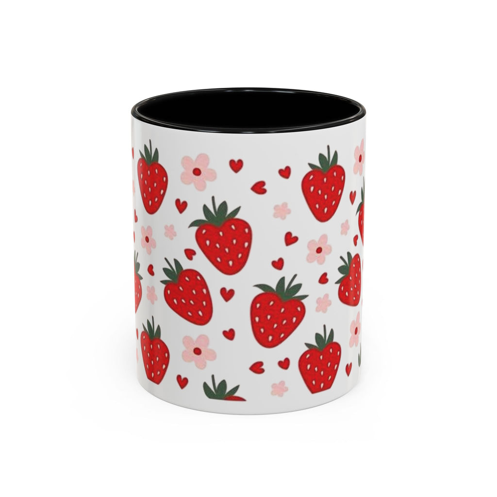 Strawberry Pattern Accent Coffee Mug — Cute Red Berries & Hearts 11/15oz