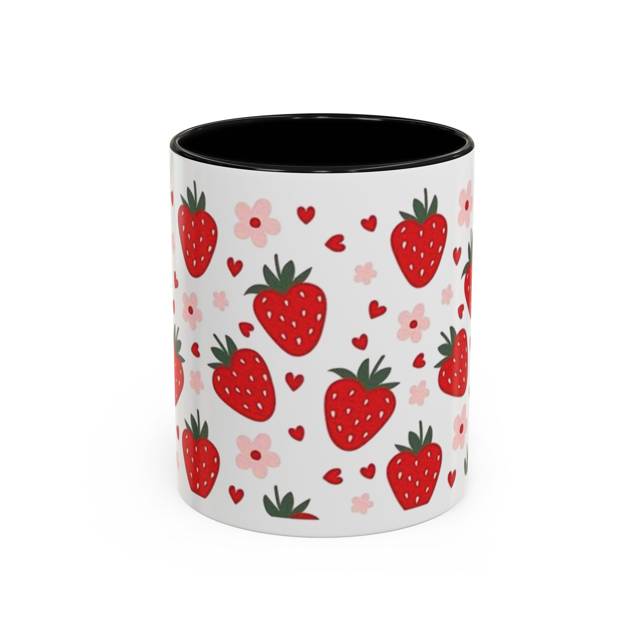 Strawberry Pattern Accent Coffee Mug — Cute Red Berries & Hearts 11/15oz
