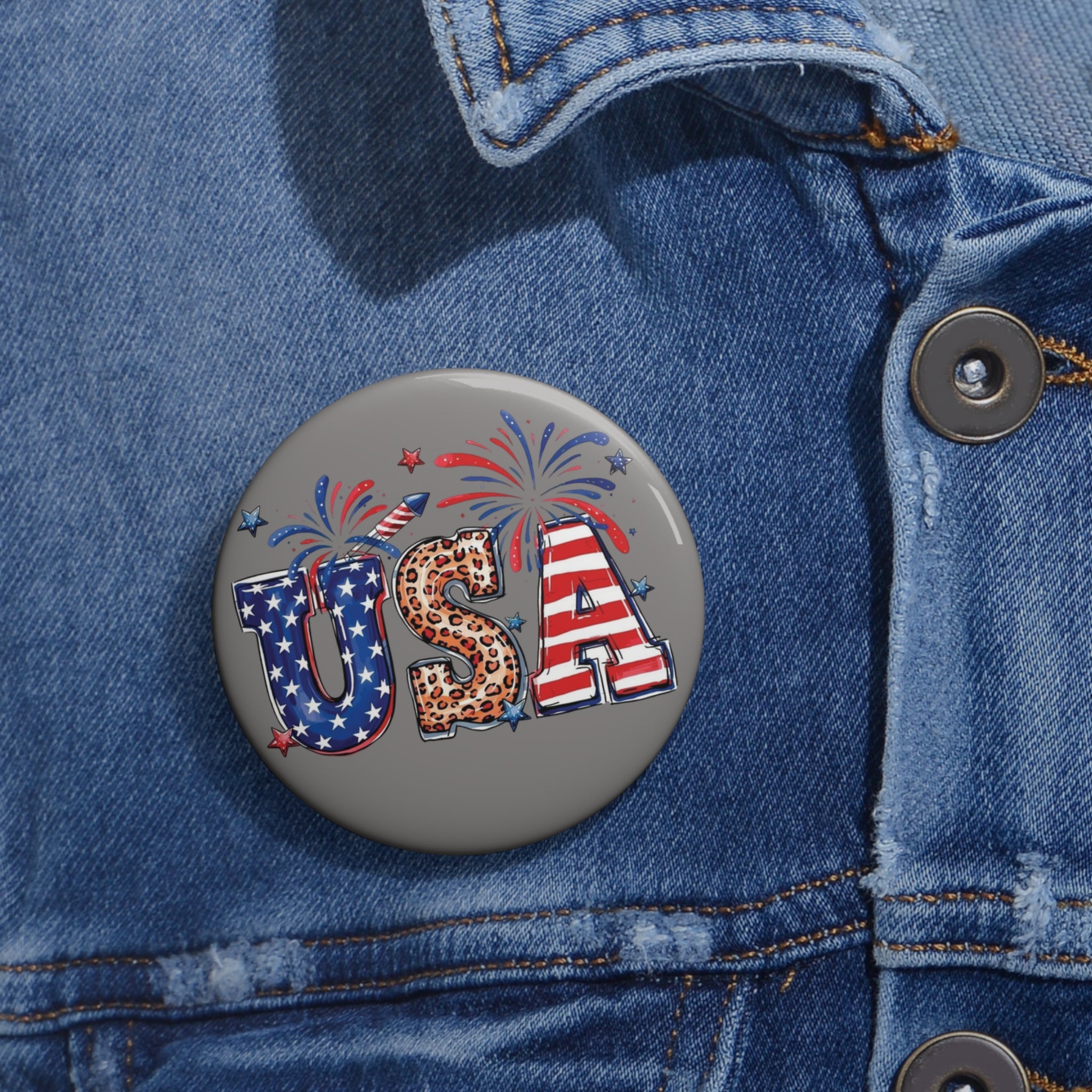 USA Leopard Stars Stripes Pin Button | Patriotic Flag Fireworks
