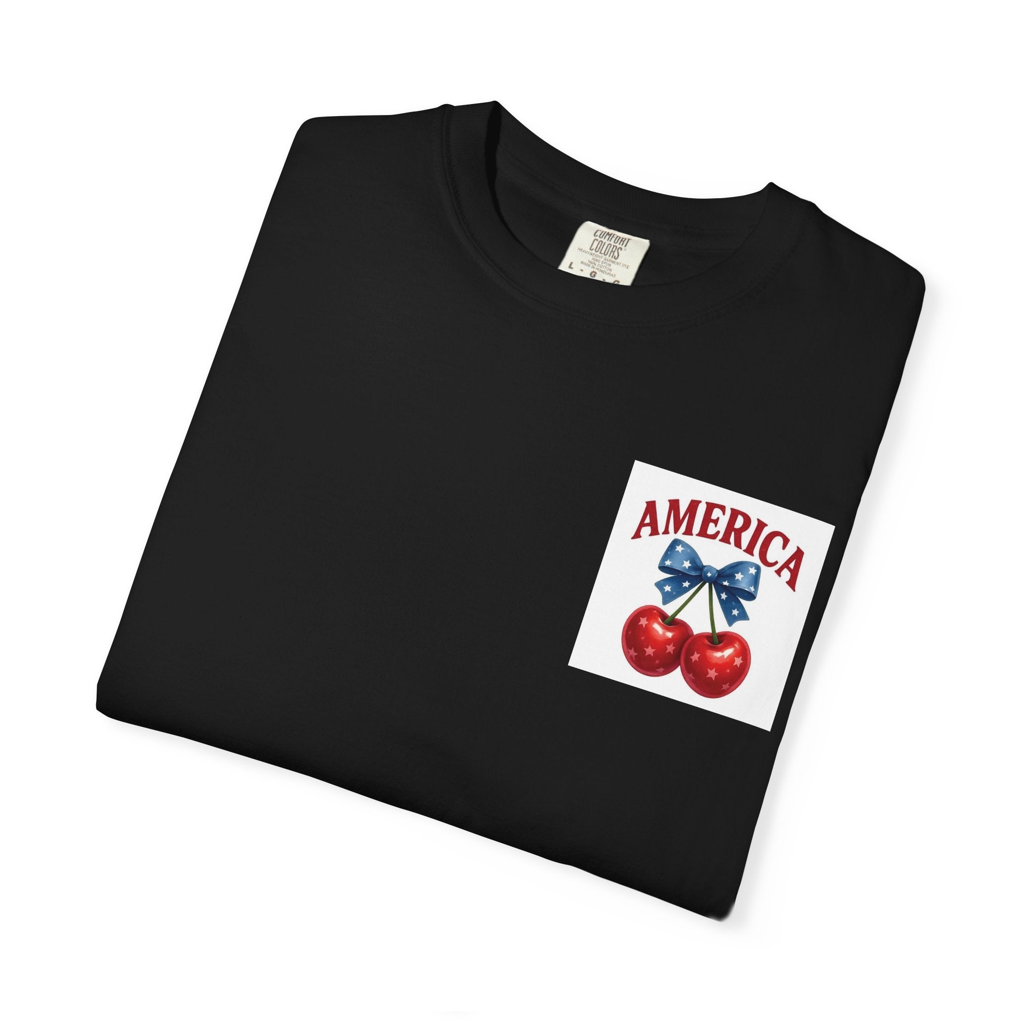 America Cherry Bow T-shirt | Patriotic Stars & Stripes Cherry Design