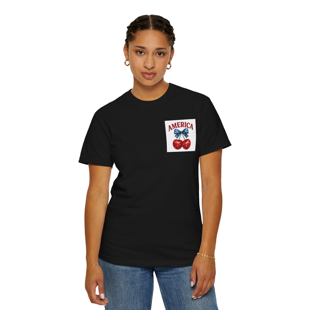 America Cherry Bow T-shirt | Patriotic Stars & Stripes Cherry Design