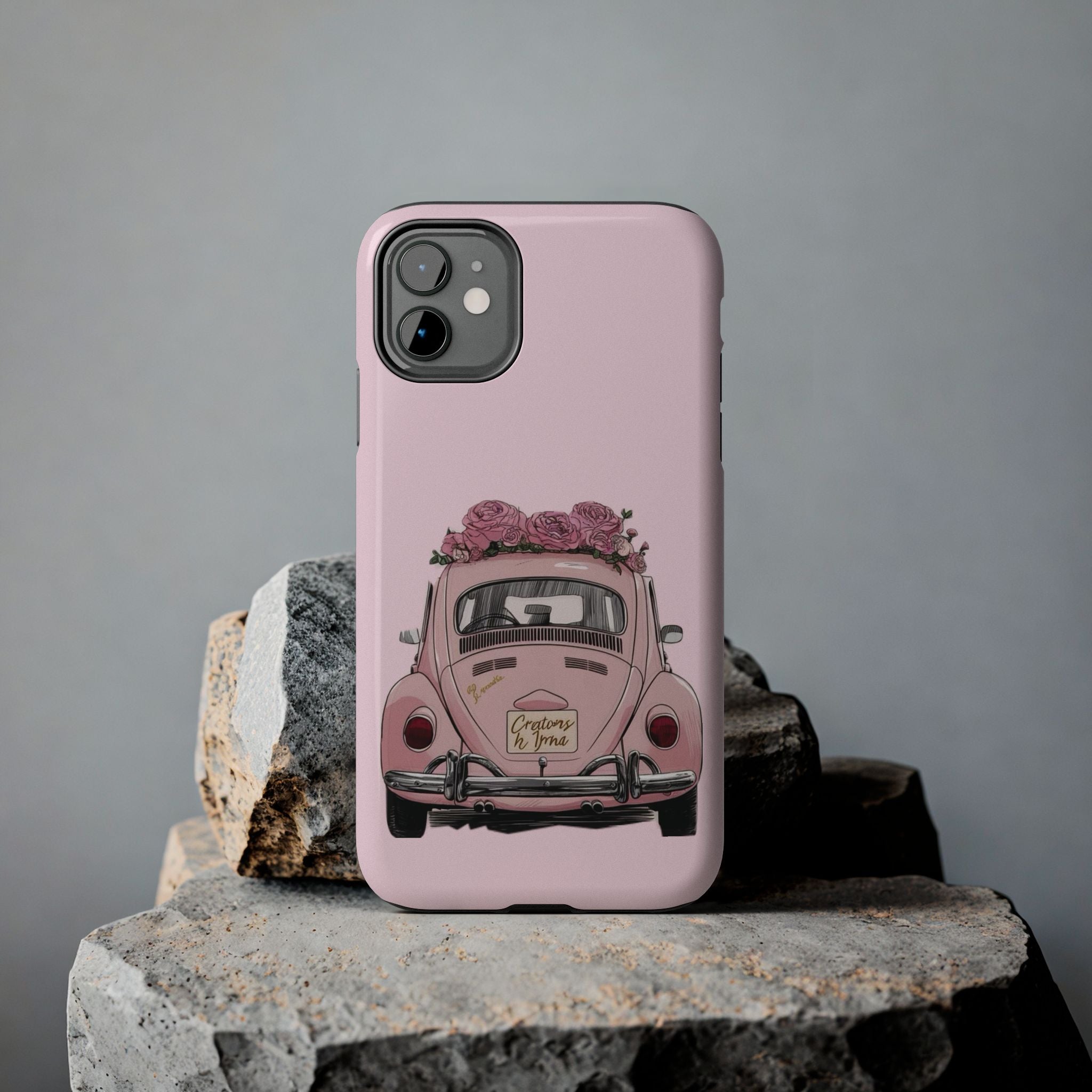 Vintage Pink Beetle with Roses Phone Case | Floral Car Tough Phone Case