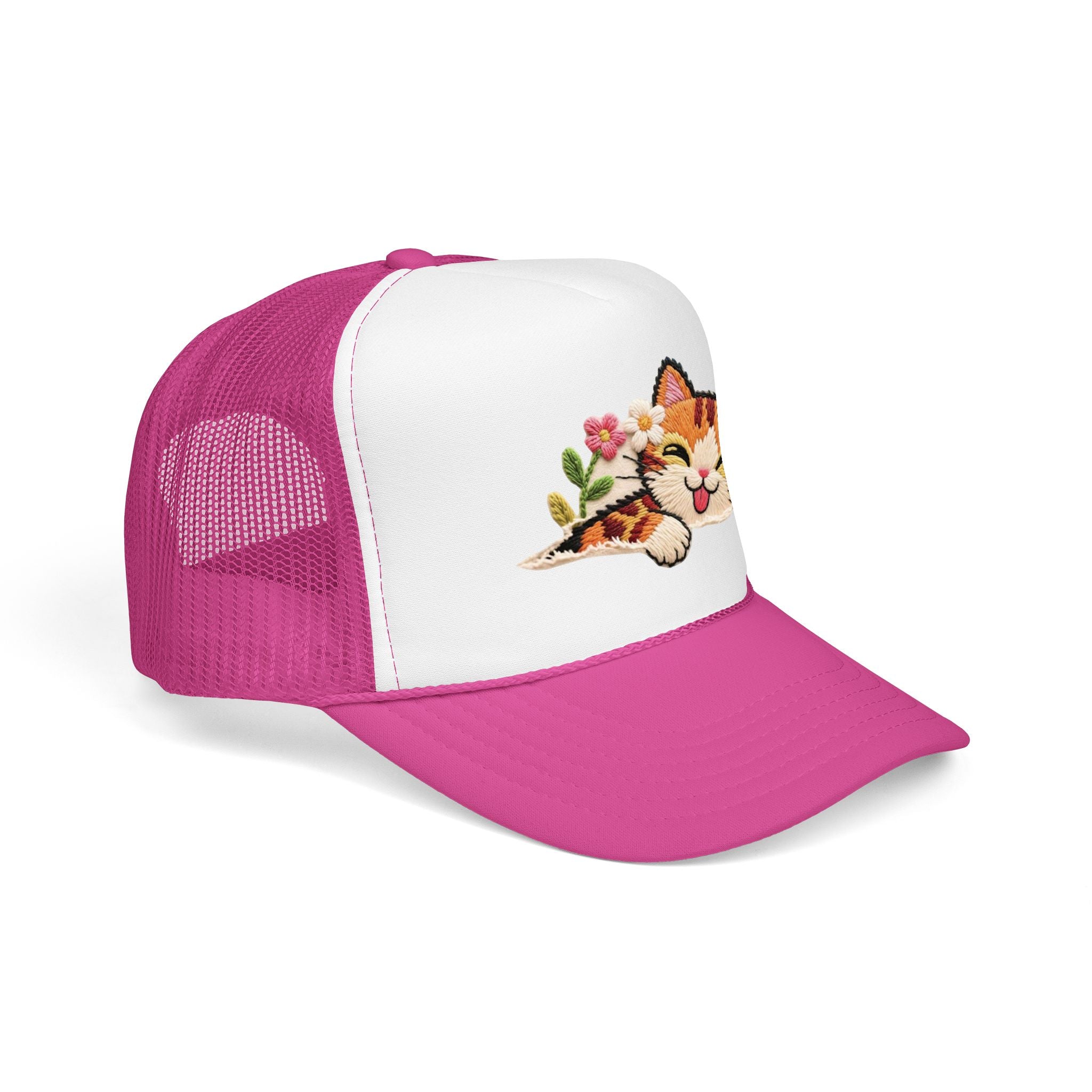 Trucker Hat — Cute Sleeping Calico Cat with Flowers Foam Mesh Cap