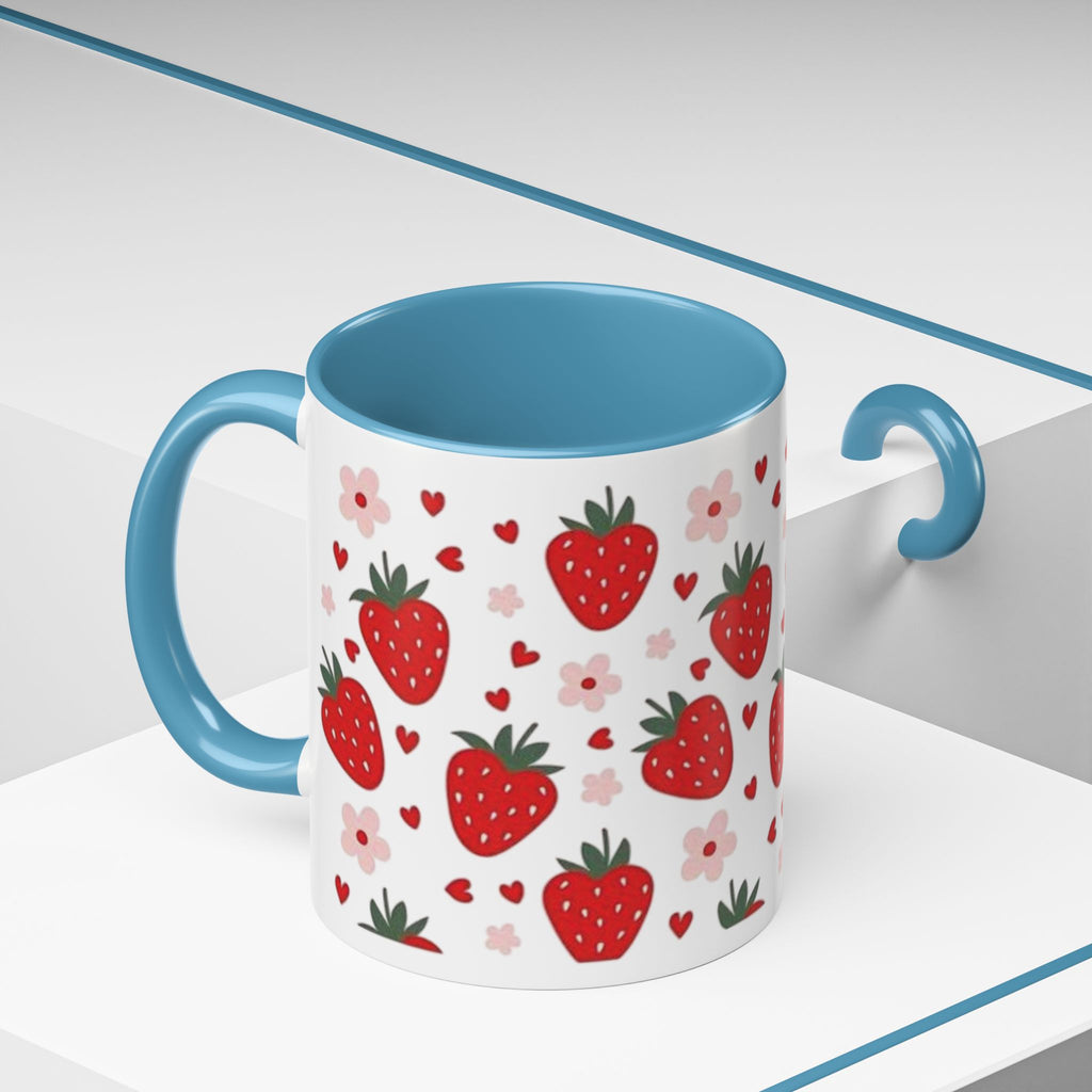 Strawberry Pattern Accent Coffee Mug — Cute Red Berries & Hearts 11/15oz