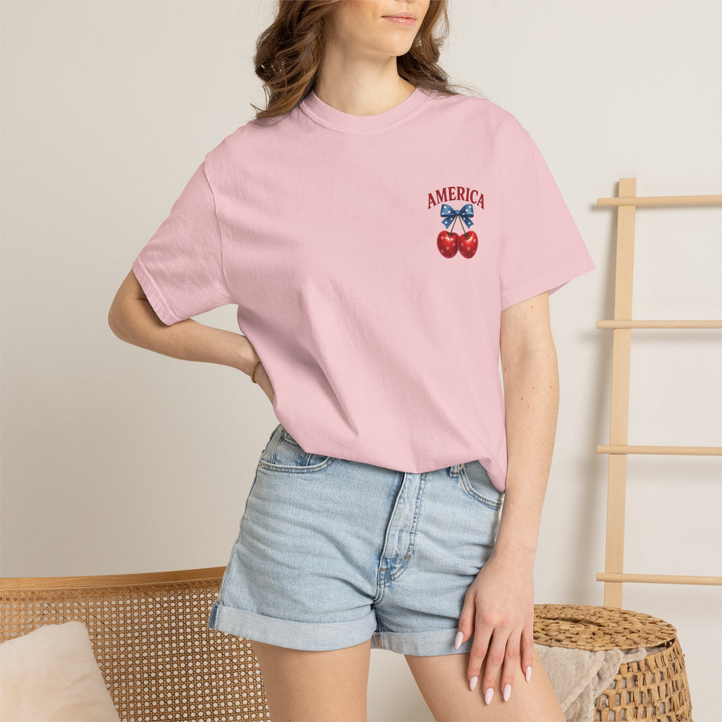 America Cherry Bow T-shirt | Patriotic Stars & Stripes Cherry Design