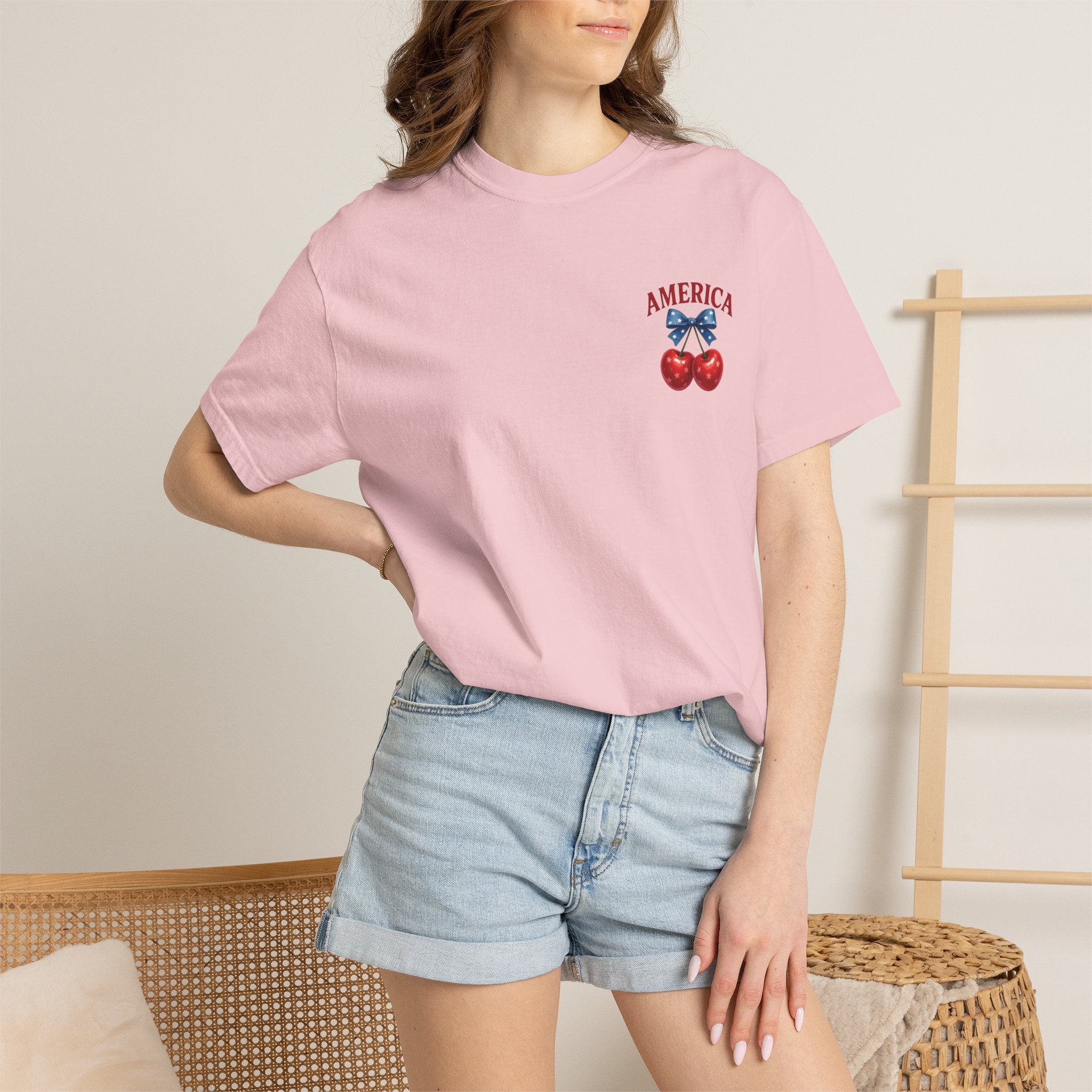America Cherry Bow T-shirt | Patriotic Stars & Stripes Cherry Design