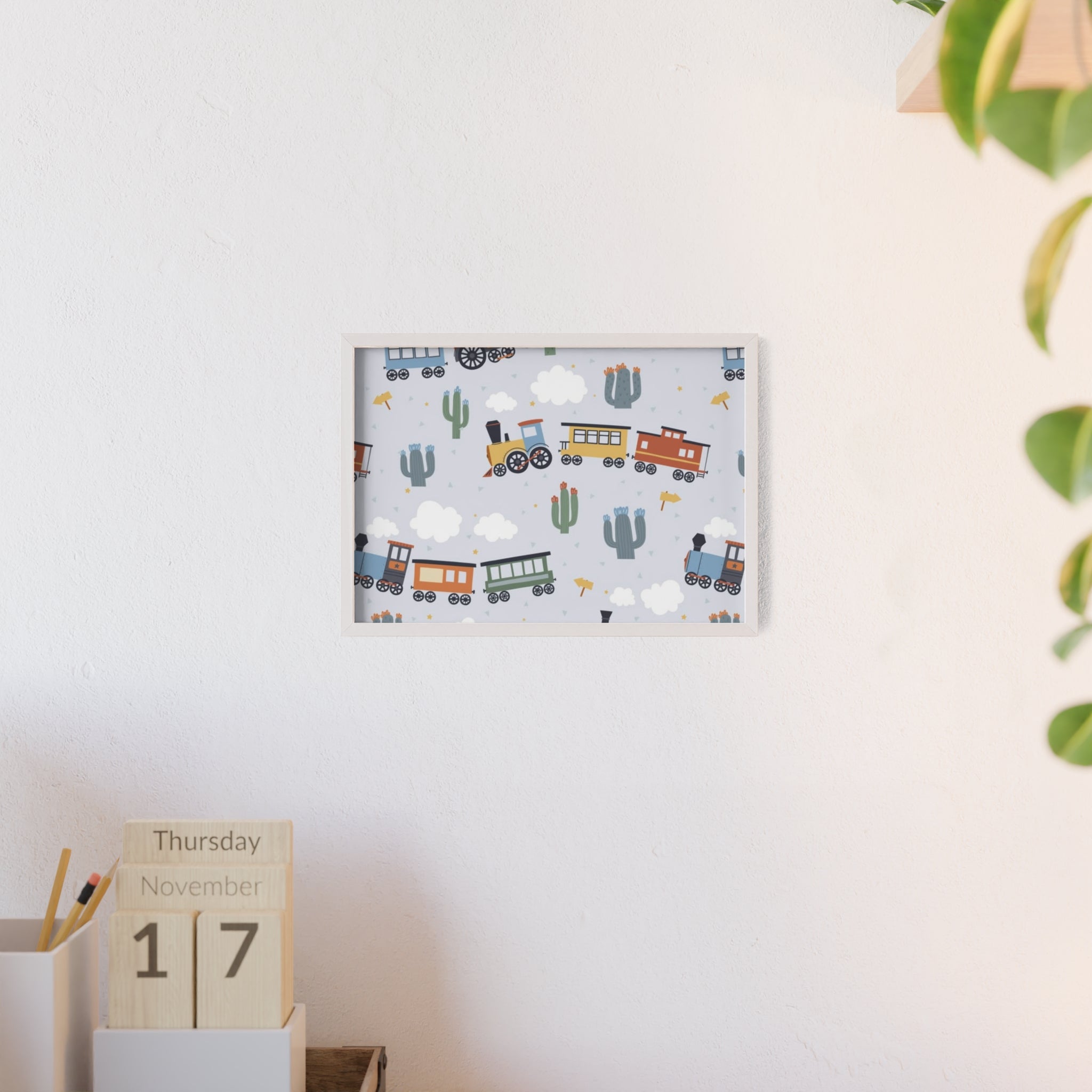 Kids' Train Poster with Wooden Frame — Nursery Wall Art, Playroom Decor