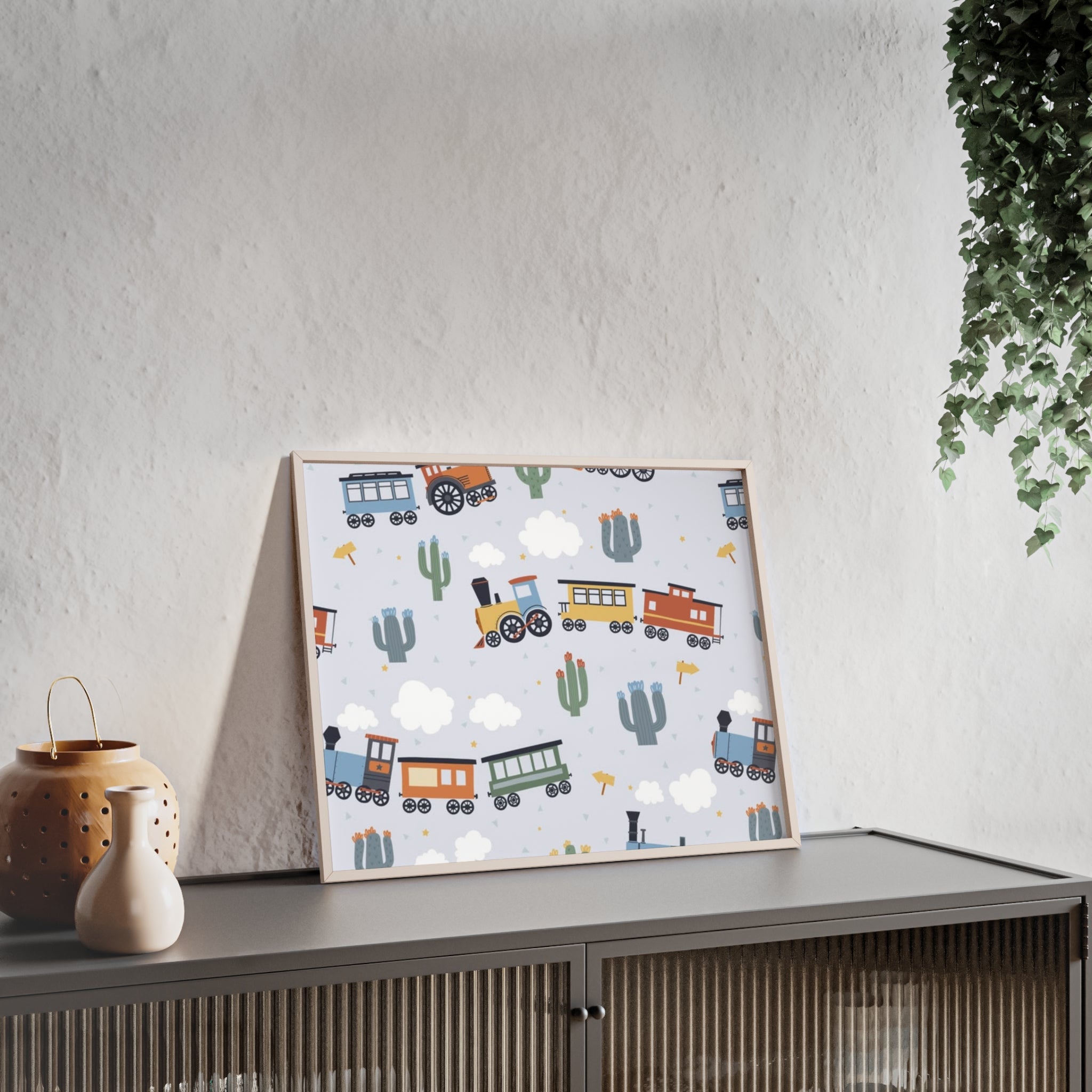 Kids' Train Poster with Wooden Frame — Nursery Wall Art, Playroom Decor