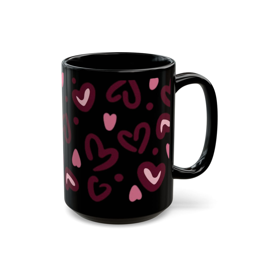 Hand-Drawn Pink Hearts Black Mug | Ceramic Heart Pattern Coffee Mug