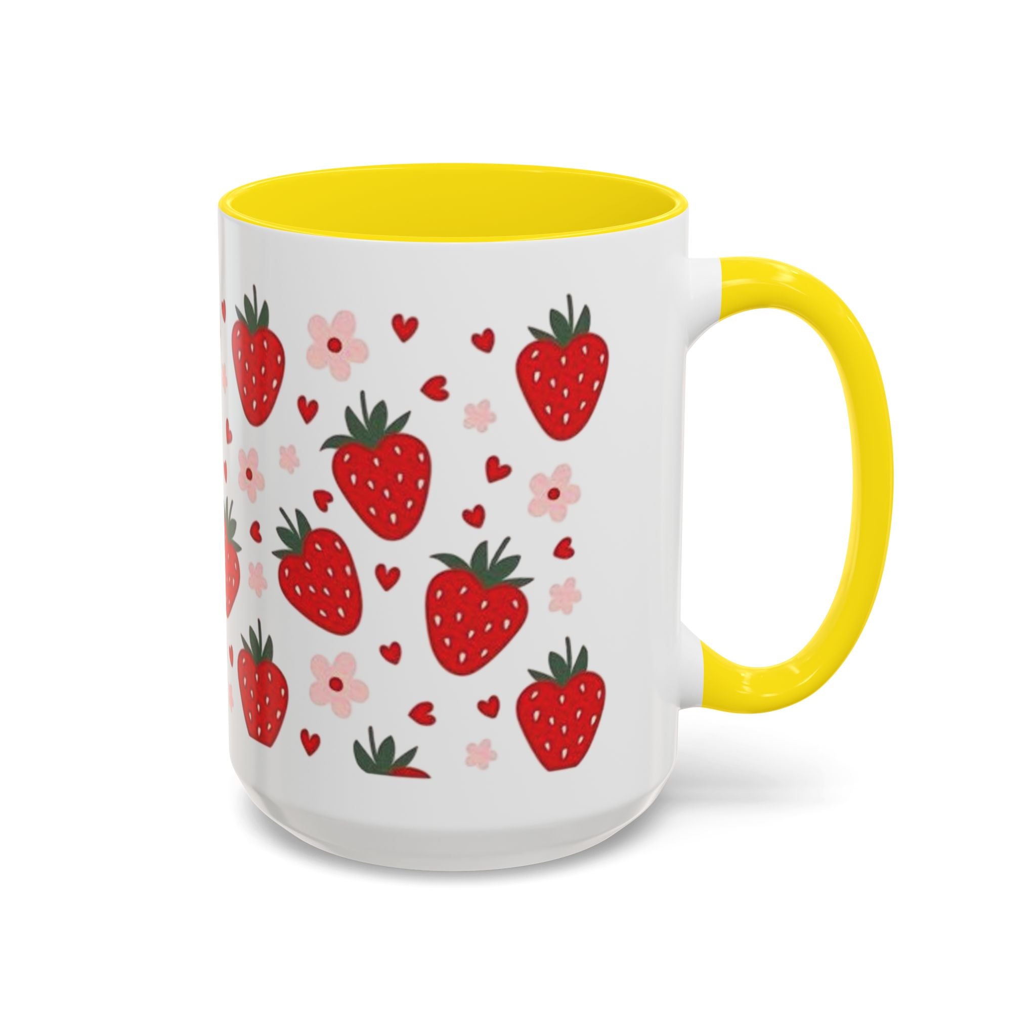 Strawberry Pattern Accent Coffee Mug — Cute Red Berries & Hearts 11/15oz
