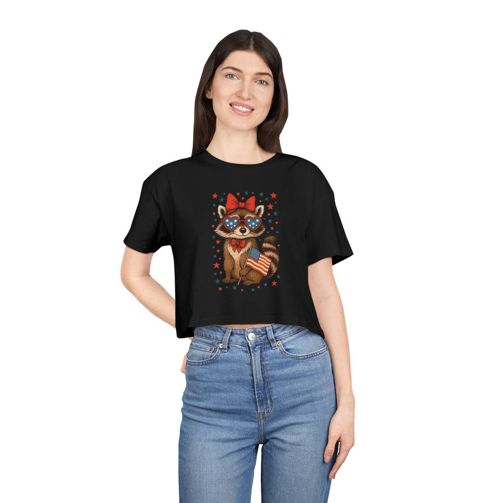 Patriotic Raccoon Heart Crop Tee | 4th of July Stars & Stripes