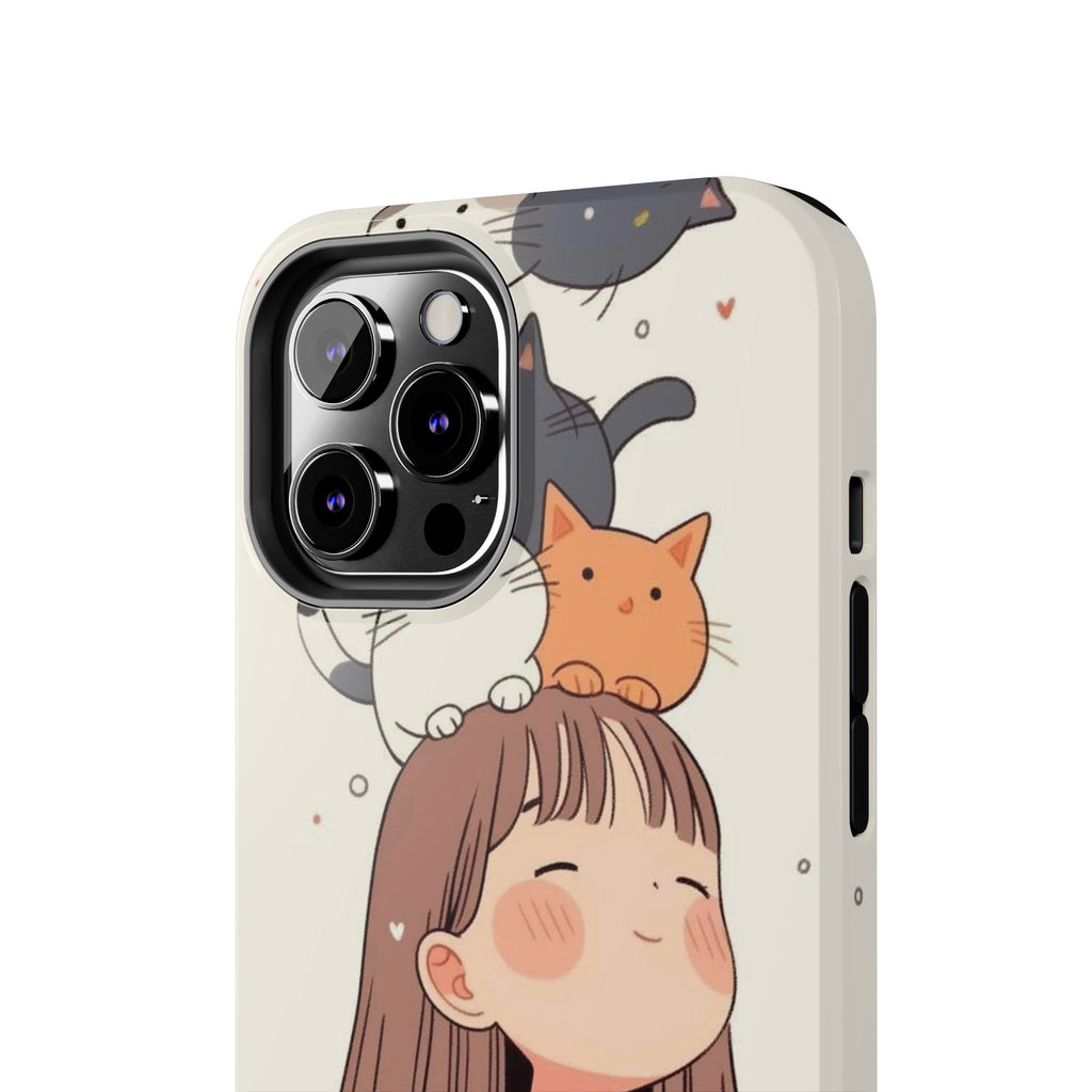Girl with Cats Phone Case | Cute Cat Stack Illustration