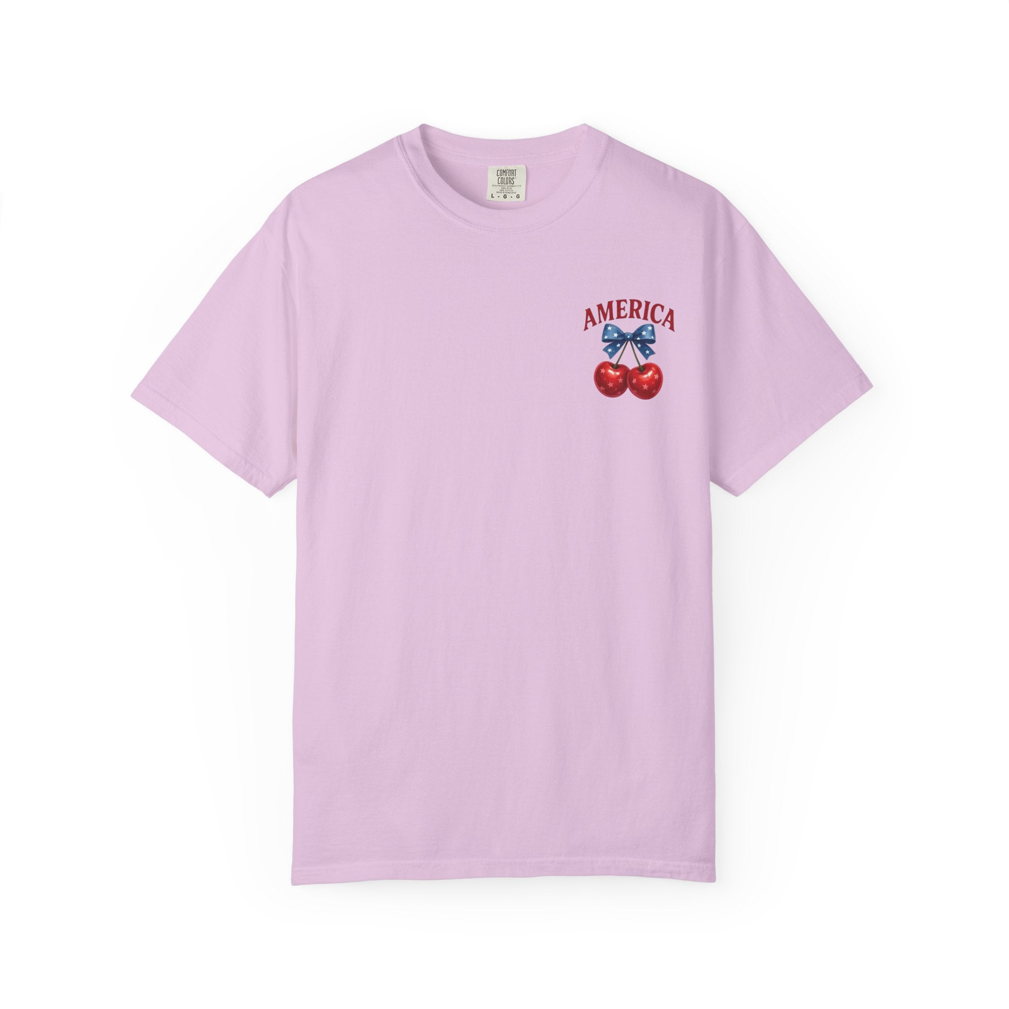 America Cherry Bow T-shirt | Patriotic Stars & Stripes Cherry Design