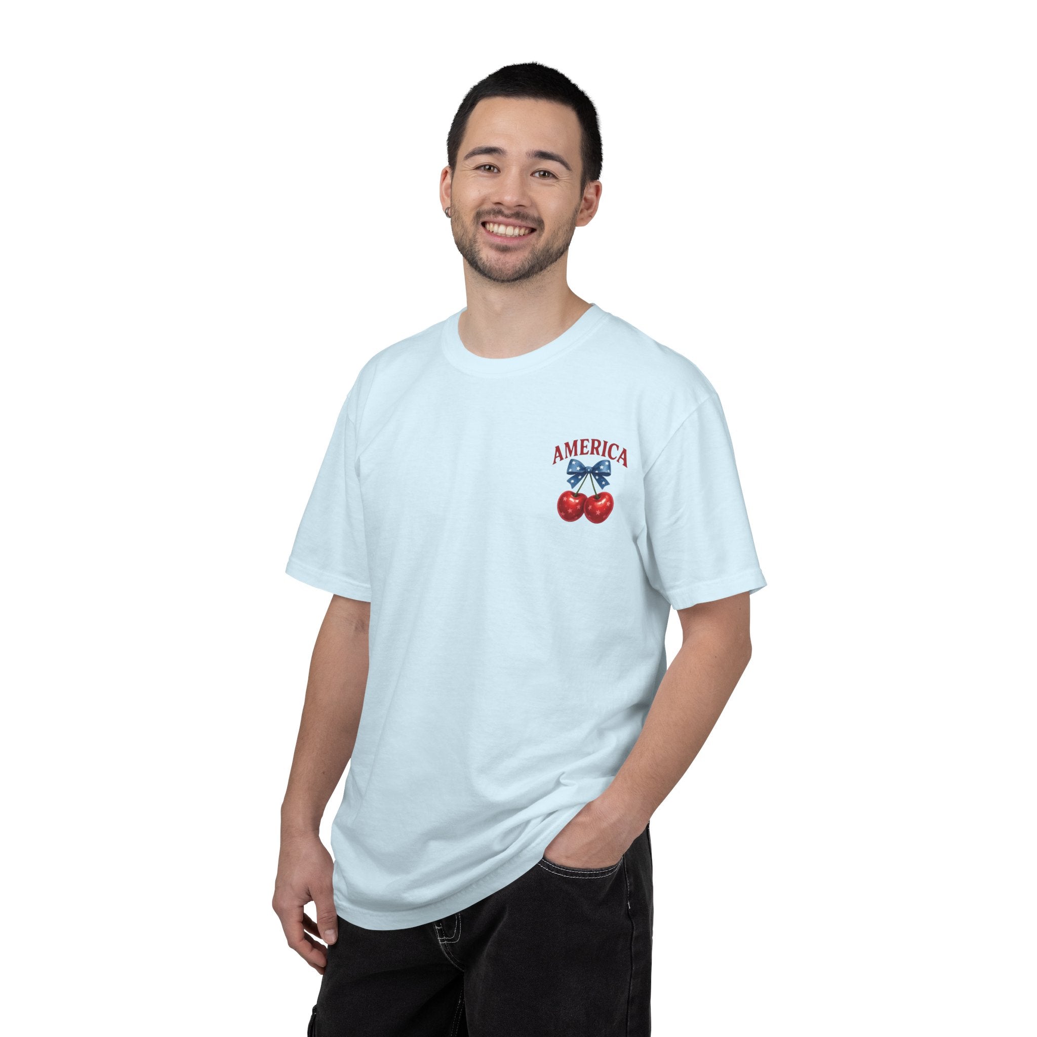 America Cherry Bow T-shirt | Patriotic Stars & Stripes Cherry Design