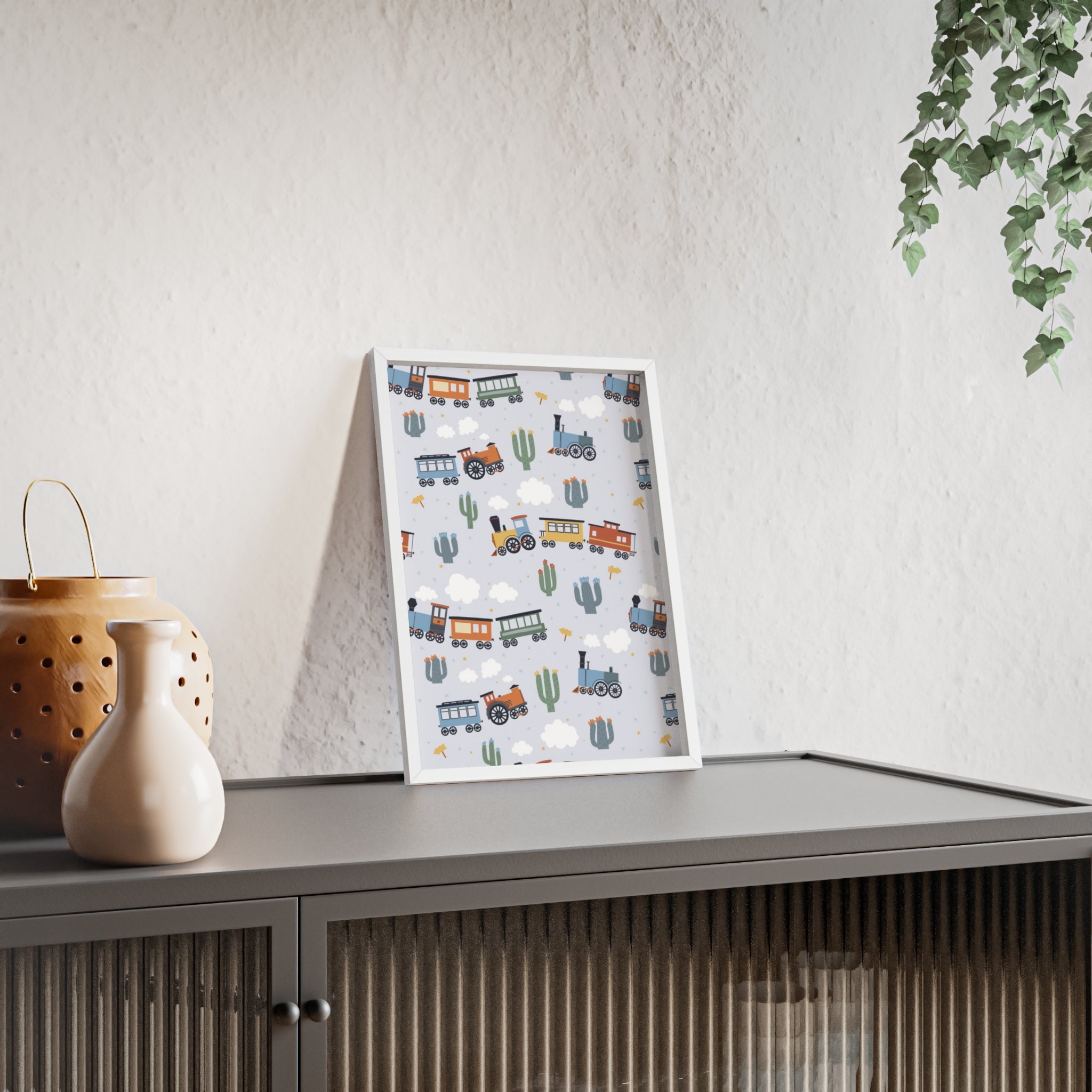 Kids' Train Poster with Wooden Frame — Nursery Wall Art, Playroom Decor