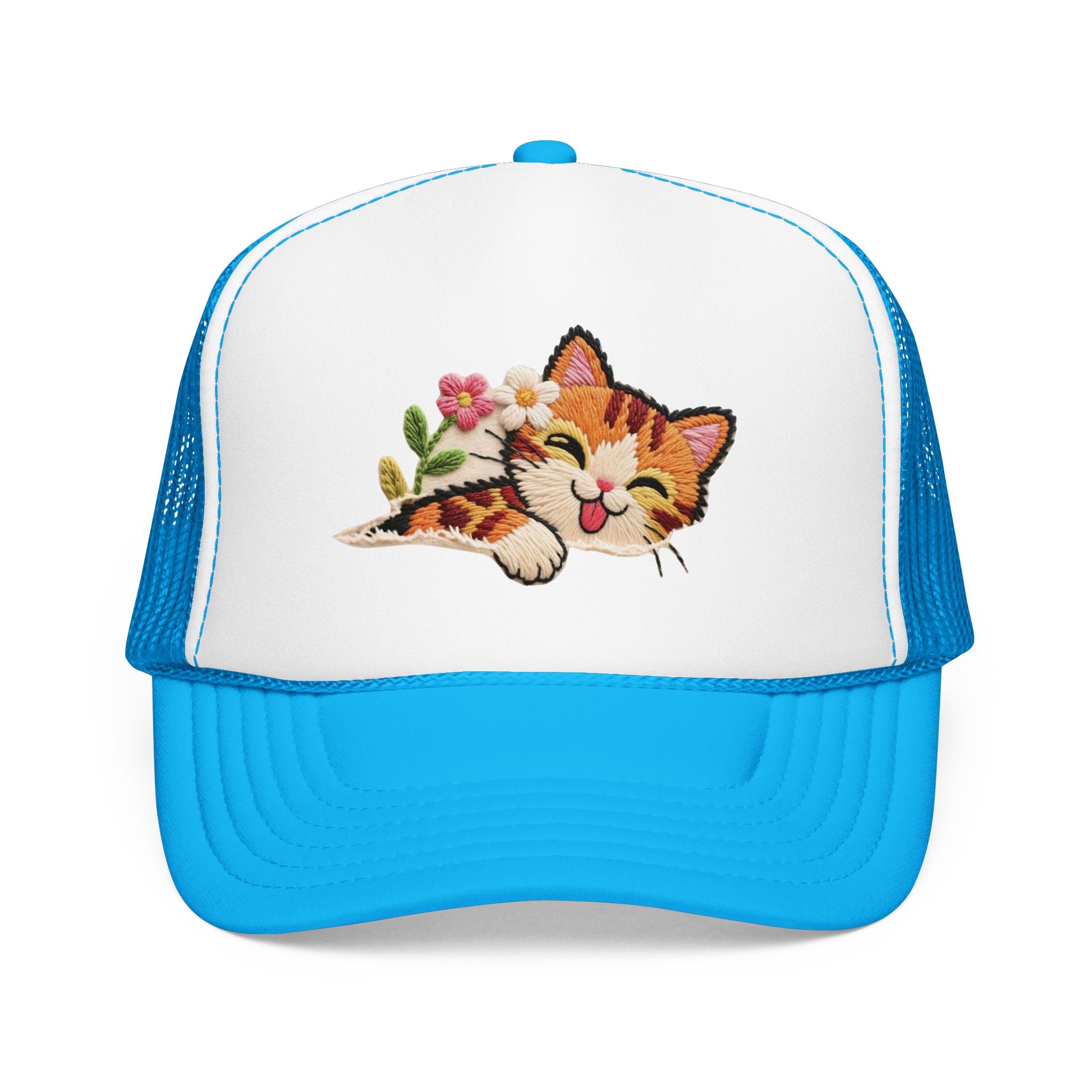 Trucker Hat — Cute Sleeping Calico Cat with Flowers Foam Mesh Cap