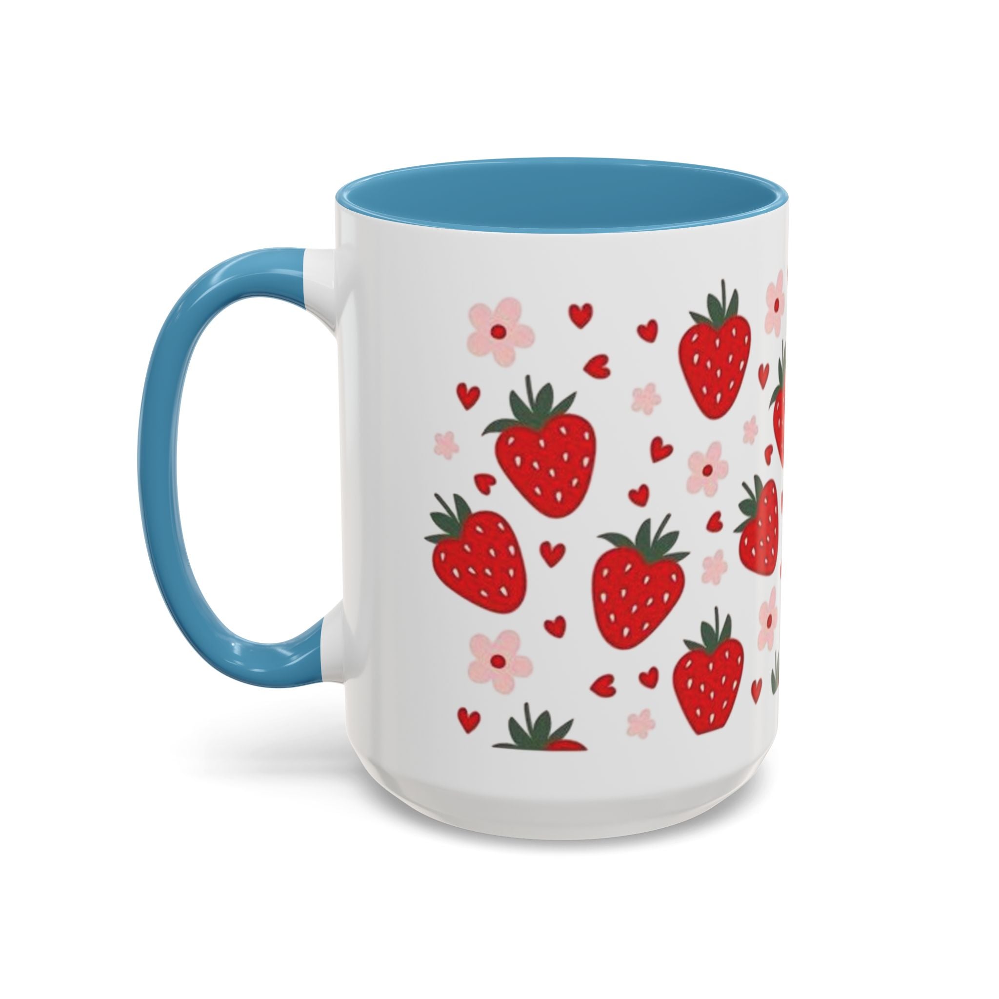 Strawberry Pattern Accent Coffee Mug — Cute Red Berries & Hearts 11/15oz