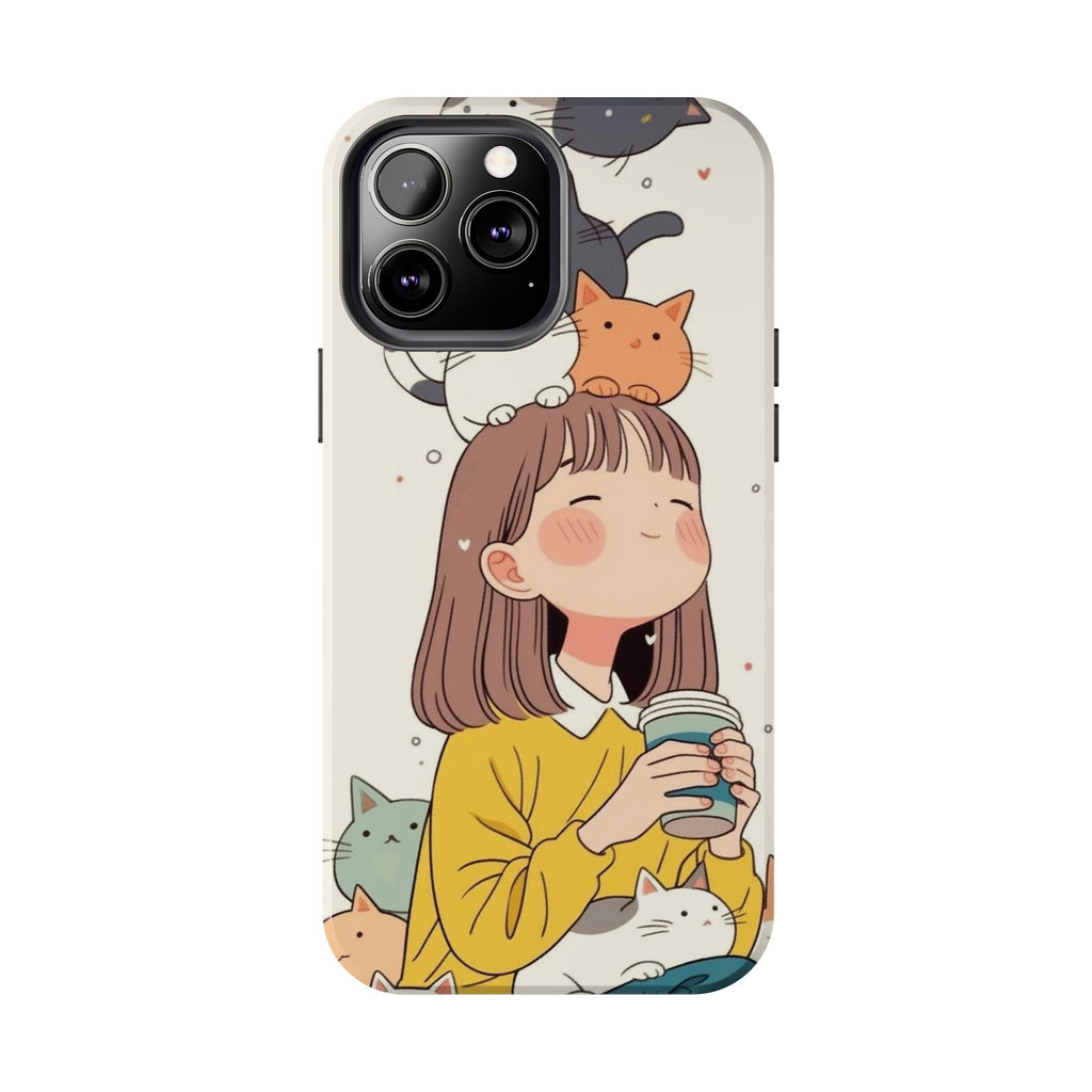 Girl with Cats Phone Case | Cute Cat Stack Illustration