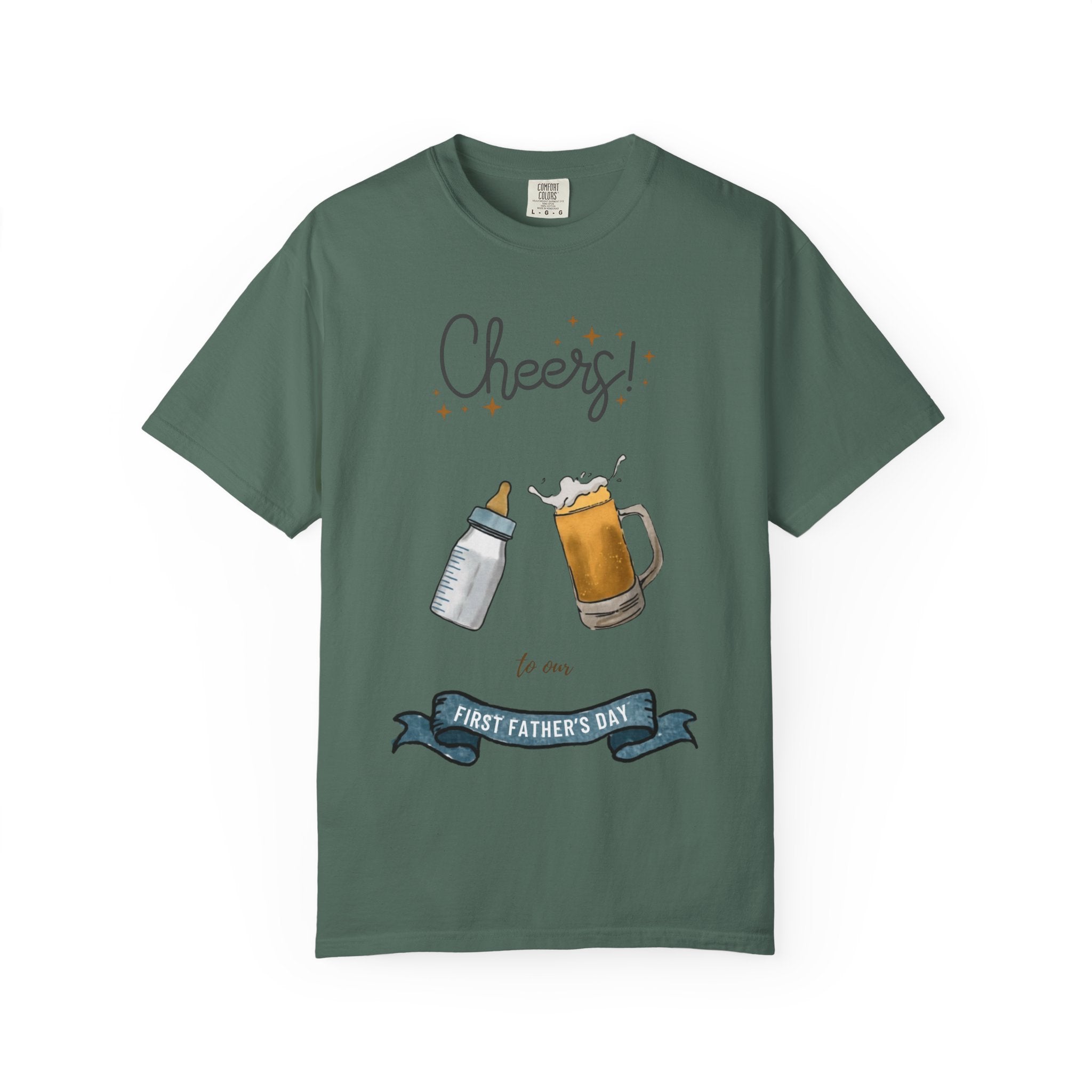 Cheers! Baby Bottle and Beer Mug First Father's Day T-Shirt | New Dad Tee