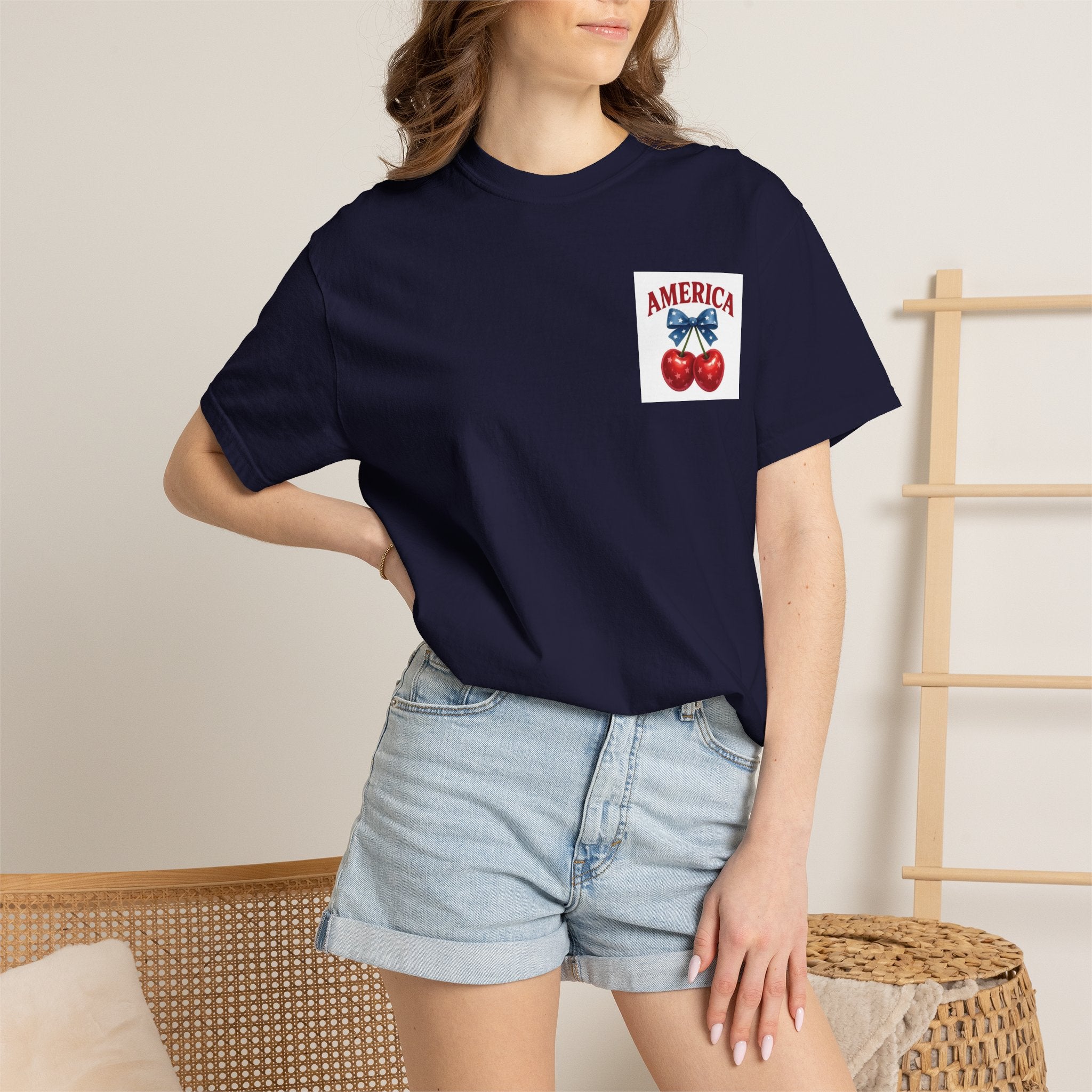 America Cherry Bow T-shirt | Patriotic Stars & Stripes Cherry Design