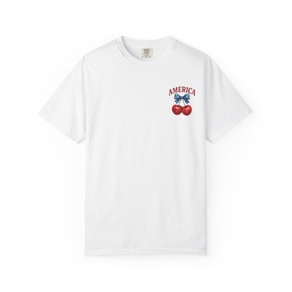 America Cherry Bow T-shirt | Patriotic Stars & Stripes Cherry Design