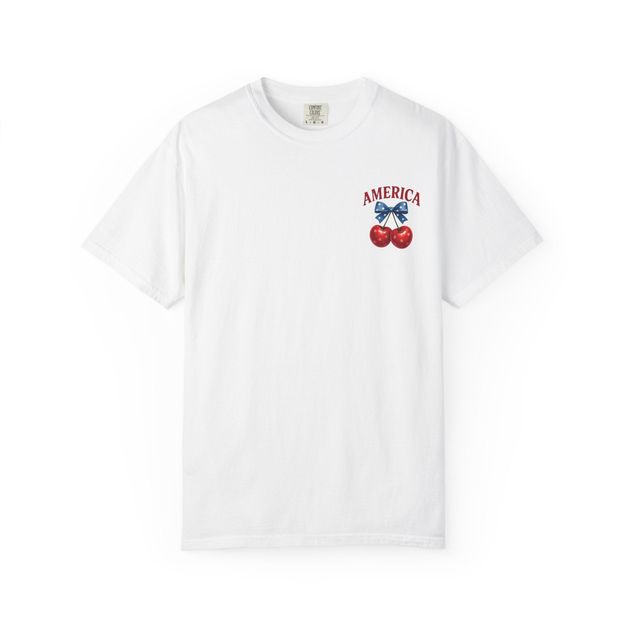 America Cherry Bow T-shirt | Patriotic Stars & Stripes Cherry Design