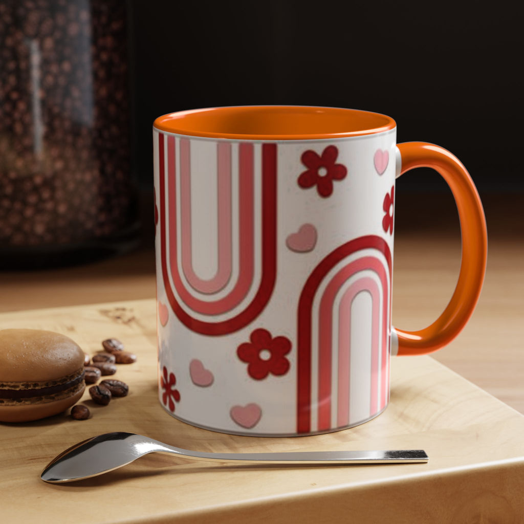 Retro Pink Rainbow Hearts and Flowers Accent Mug | 11oz or 15oz