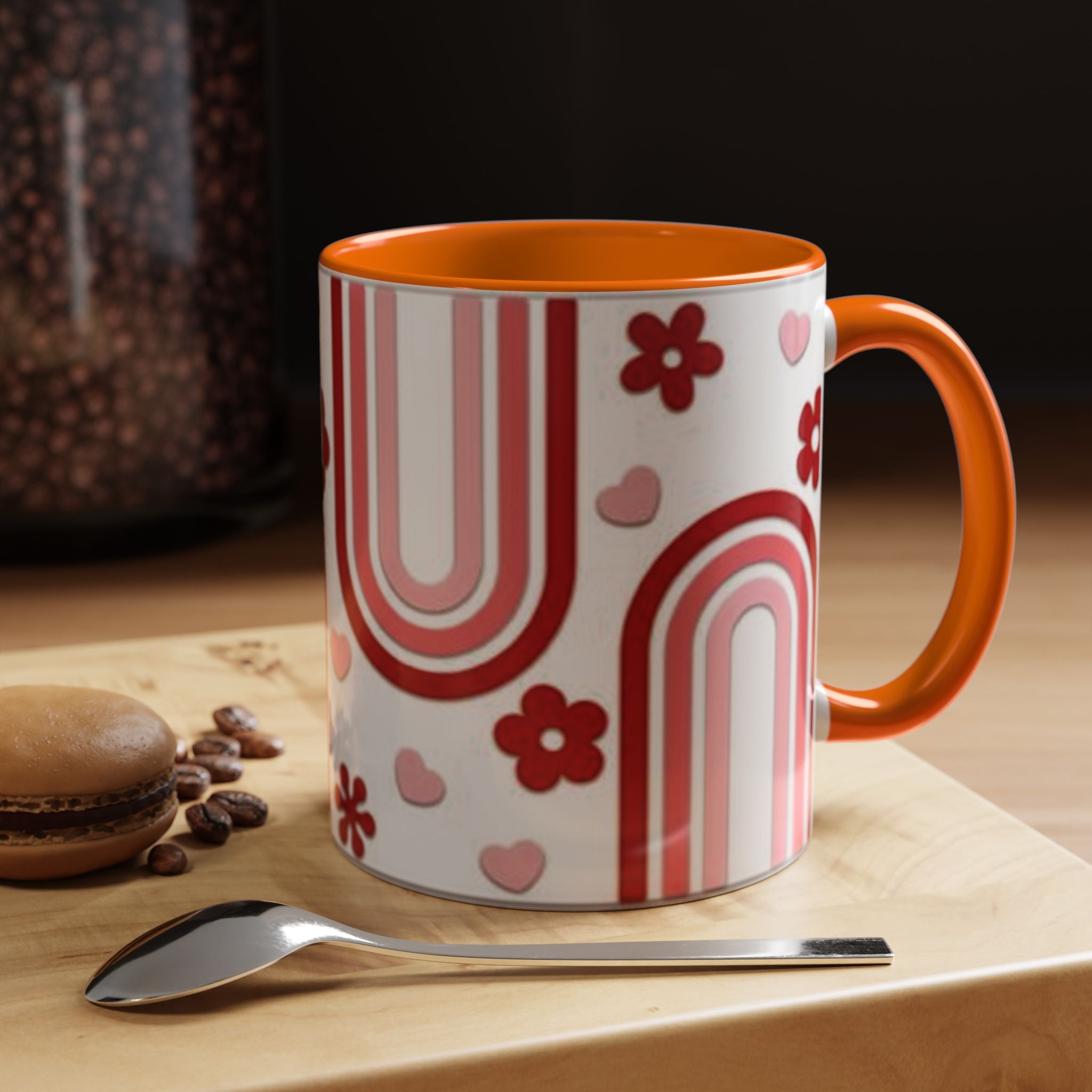 Retro Pink Rainbow Hearts and Flowers Accent Mug | 11oz or 15oz