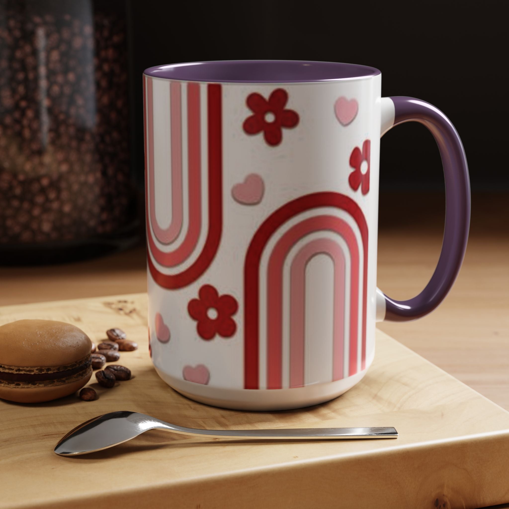 Retro Pink Rainbow Hearts and Flowers Accent Mug | 11oz or 15oz