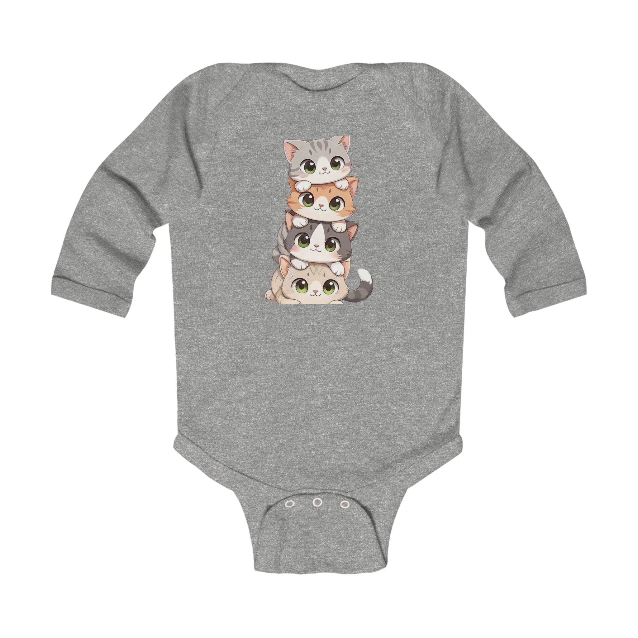 Infant Bodysuit - Cute Stacked Kittens Long Sleeve Baby Onesie (Adorable Paw Print Back Design)