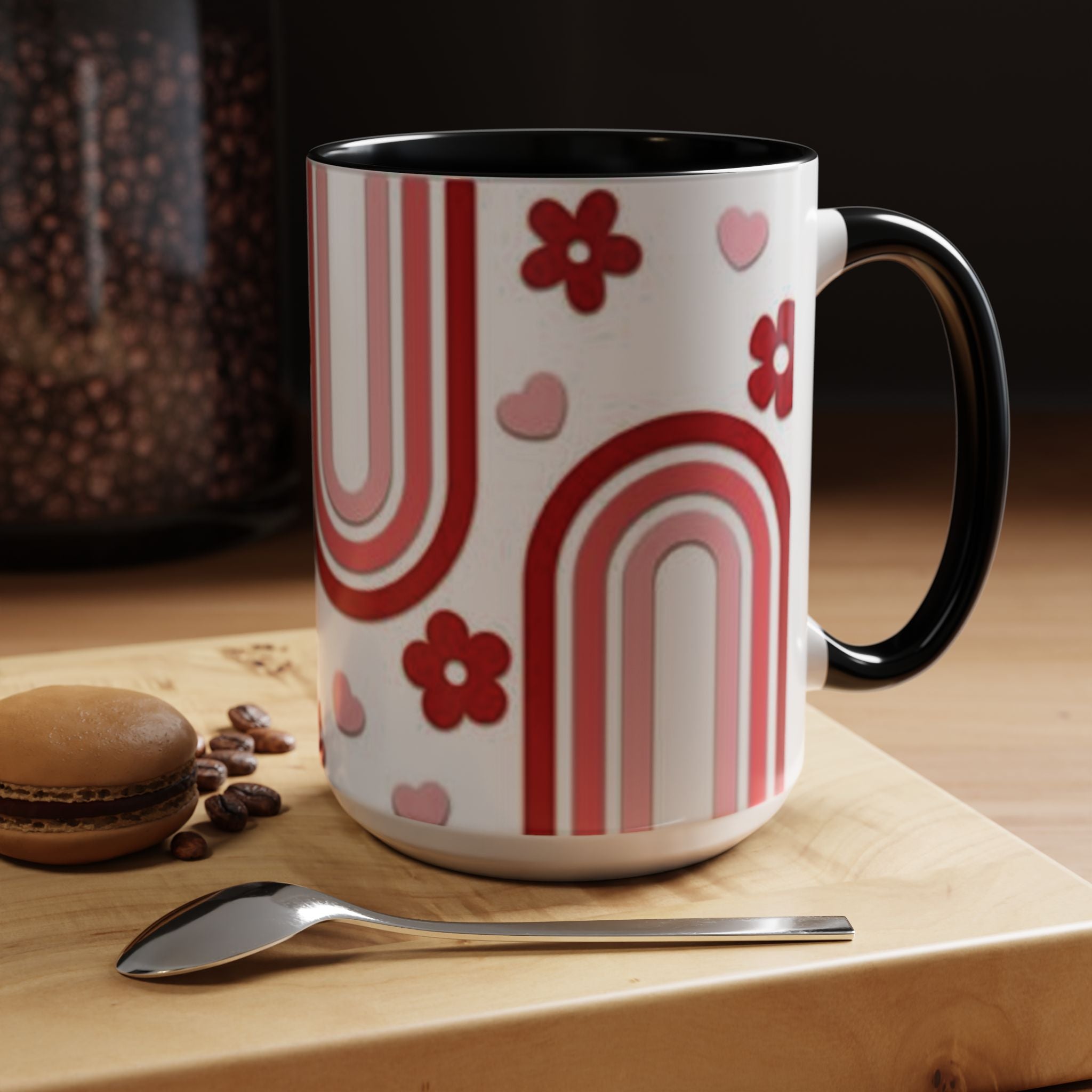 Retro Pink Rainbow Hearts and Flowers Accent Mug | 11oz or 15oz