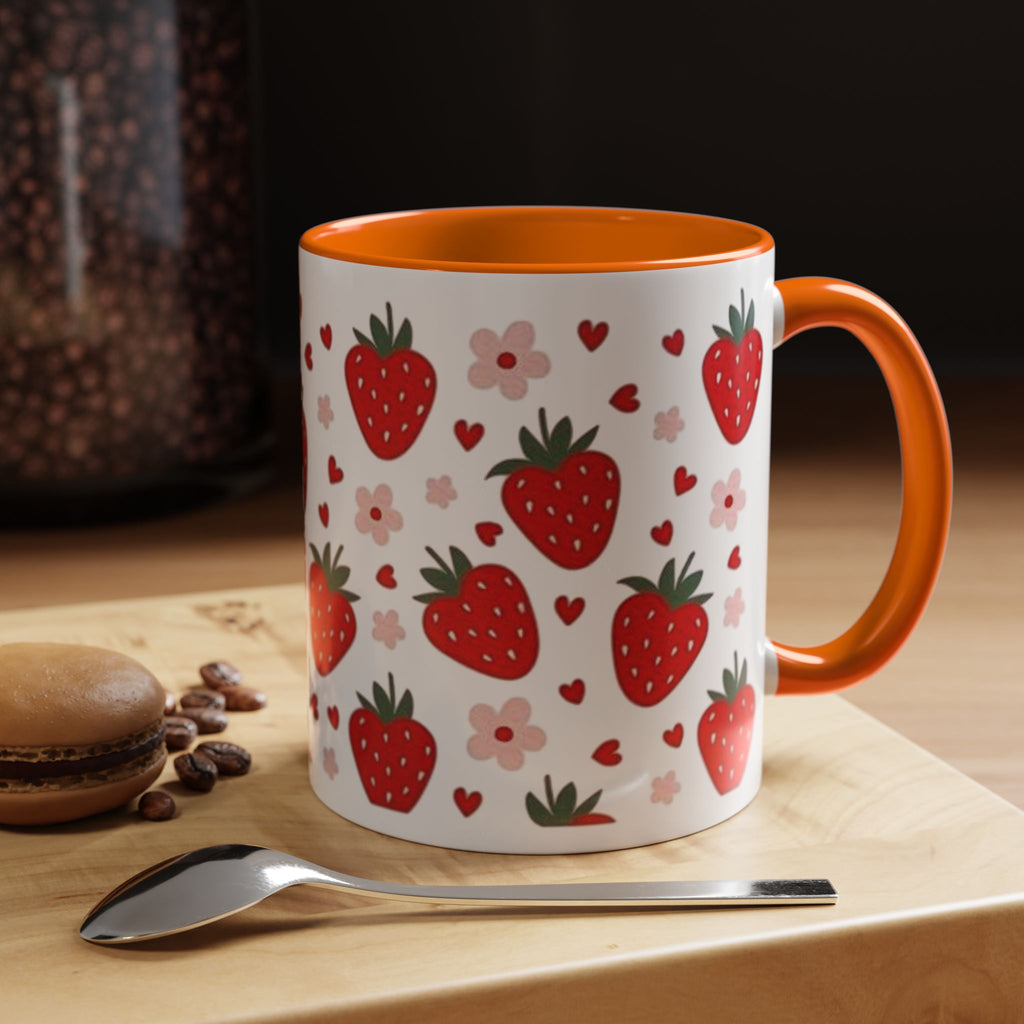Strawberry Pattern Accent Coffee Mug — Cute Red Berries & Hearts 11/15oz