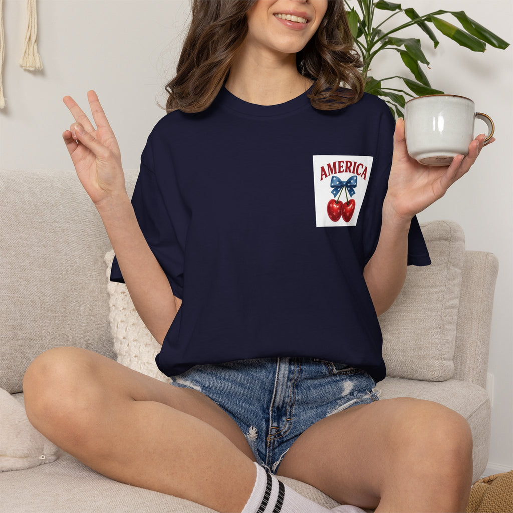 America Cherry Bow T-shirt | Patriotic Stars & Stripes Cherry Design