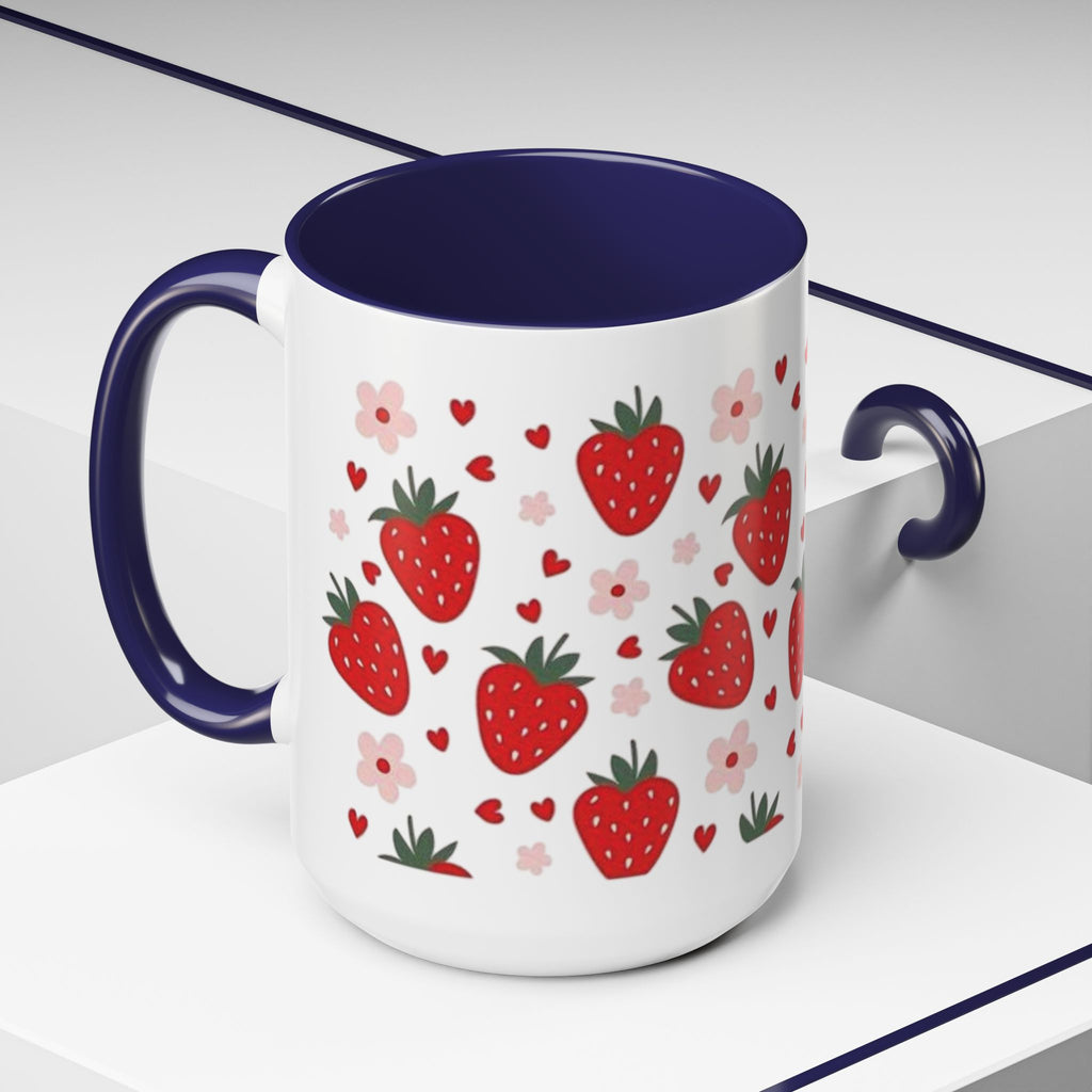 Strawberry Pattern Accent Coffee Mug — Cute Red Berries & Hearts 11/15oz