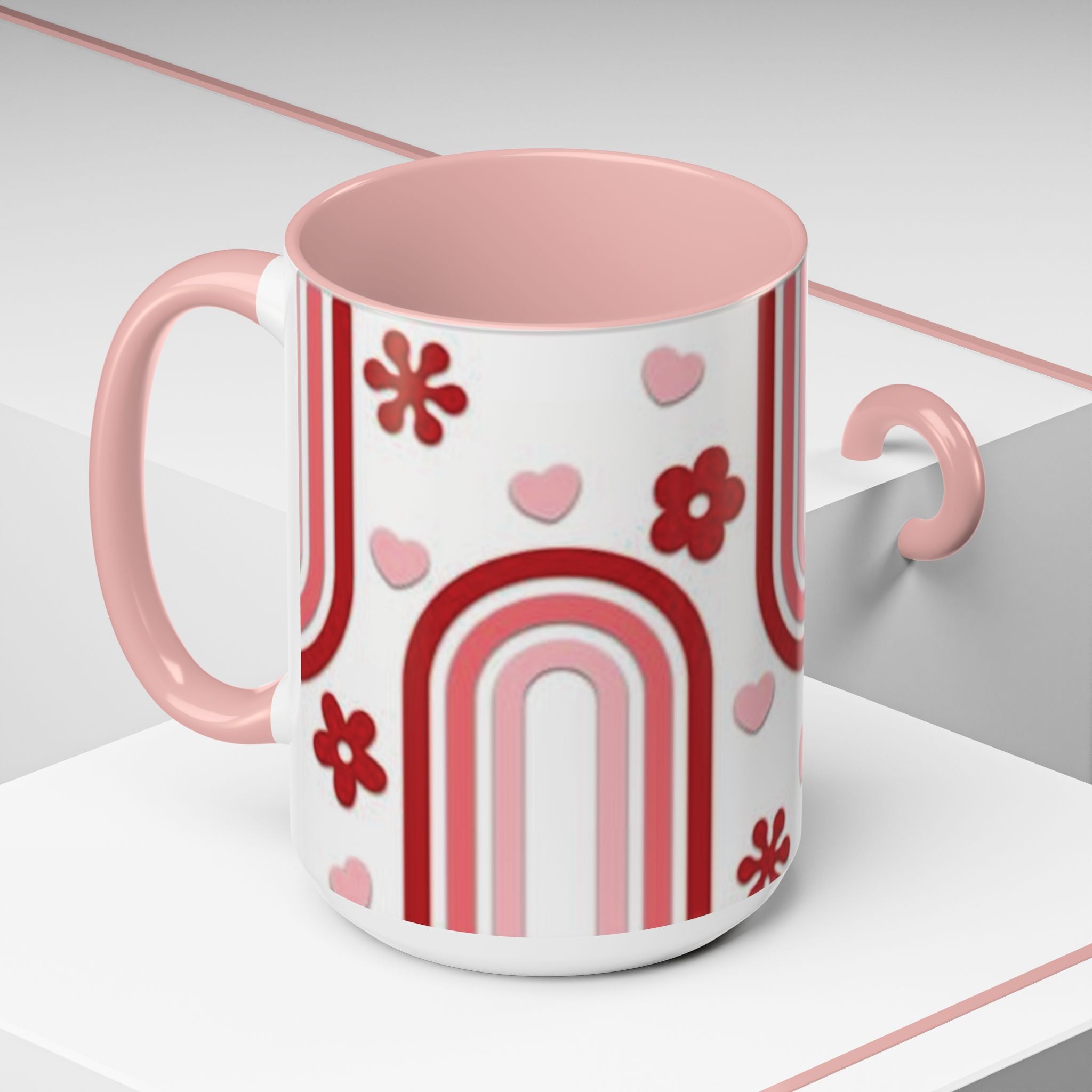 Retro Pink Rainbow Hearts and Flowers Accent Mug | 11oz or 15oz
