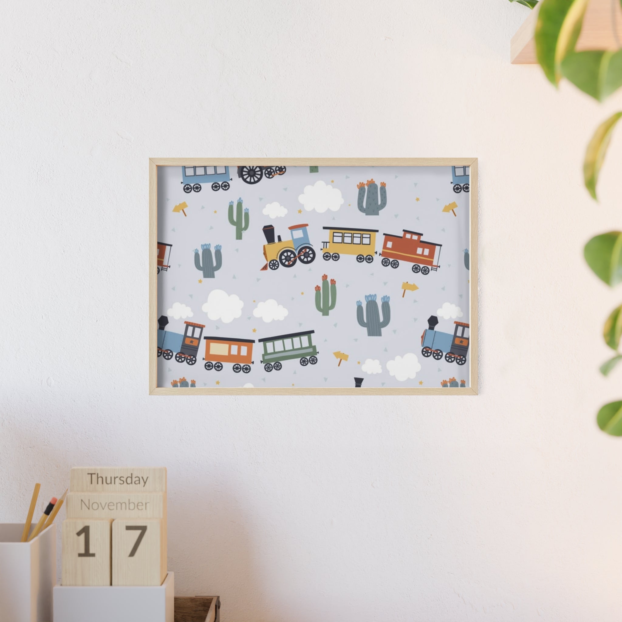 Kids' Train Poster with Wooden Frame — Nursery Wall Art, Playroom Decor