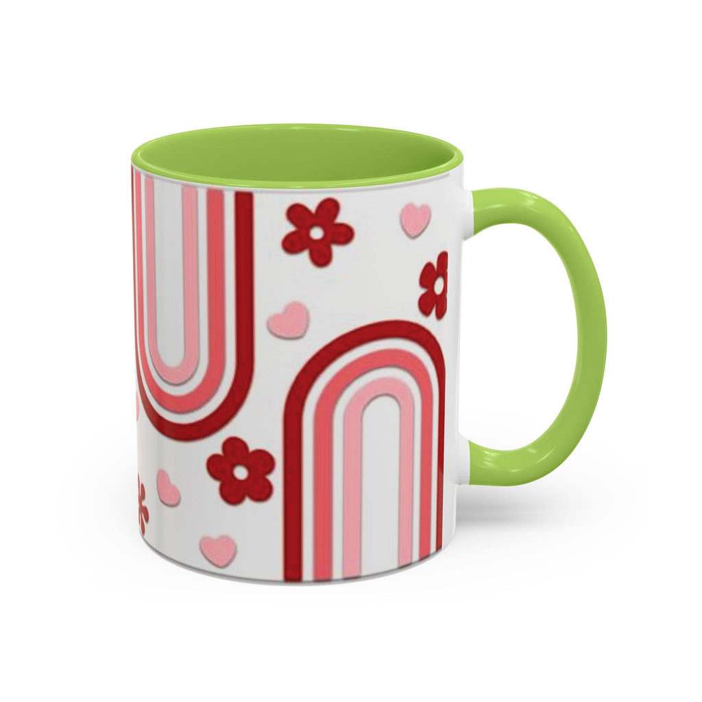 Retro Pink Rainbow Hearts and Flowers Accent Mug | 11oz or 15oz