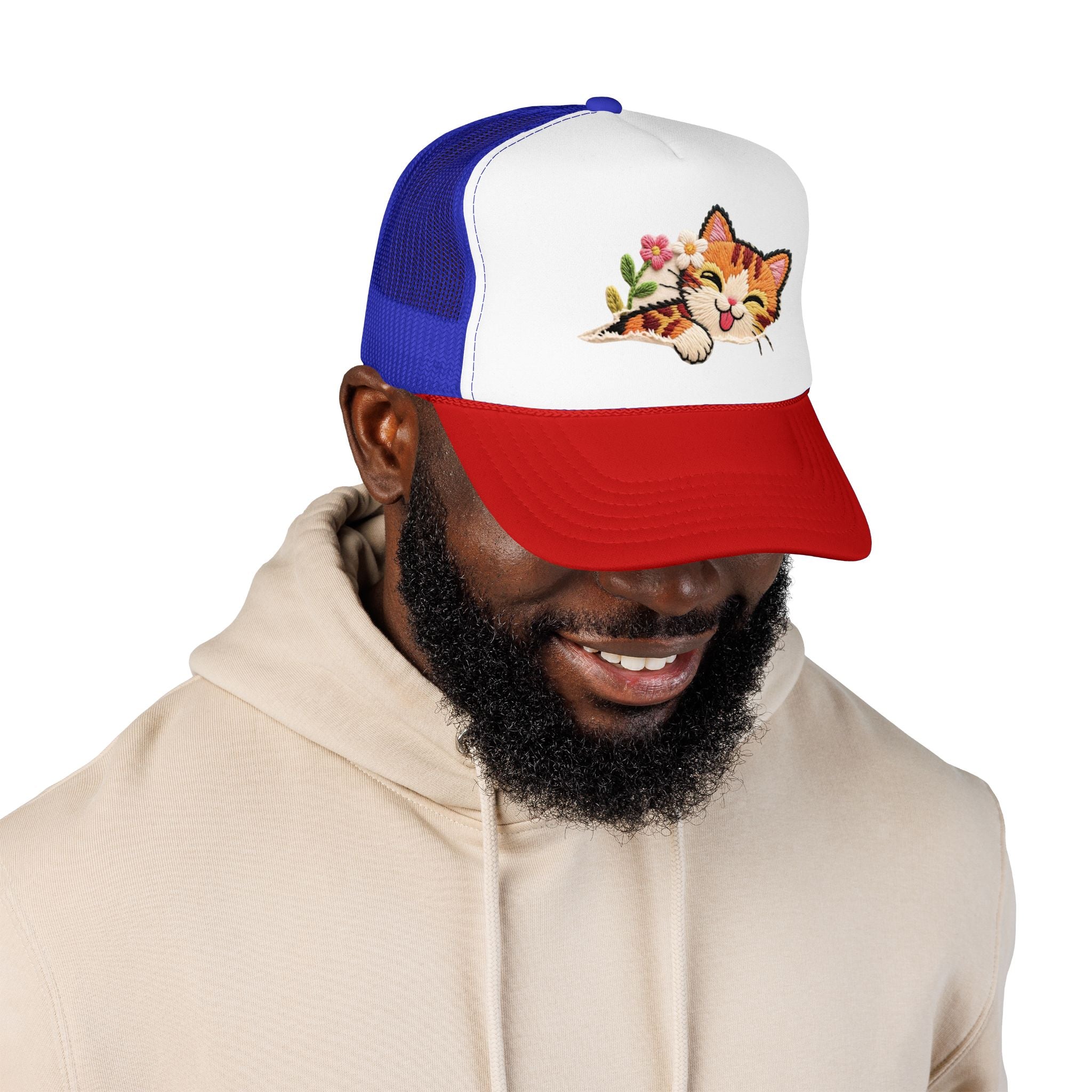 Trucker Hat — Cute Sleeping Calico Cat with Flowers Foam Mesh Cap