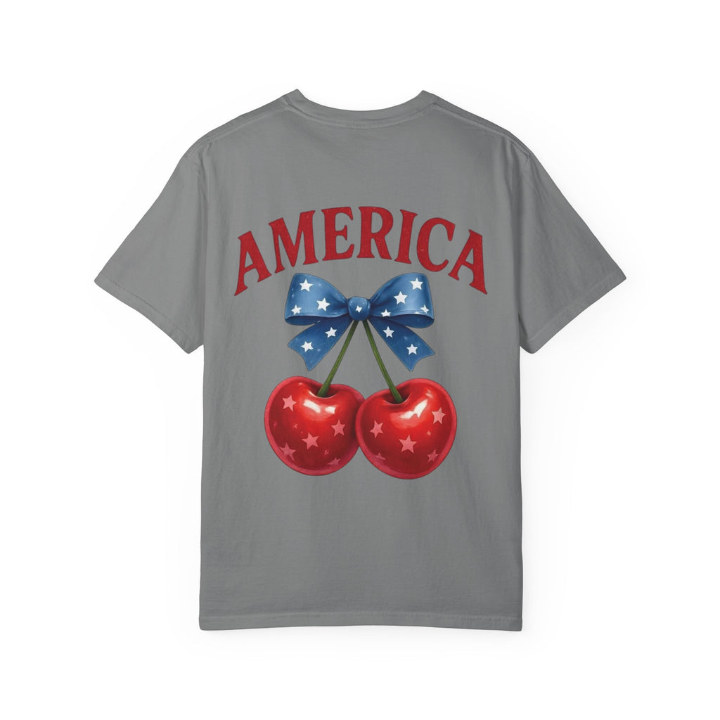 America Cherry Bow T-shirt | Patriotic Stars & Stripes Cherry Design