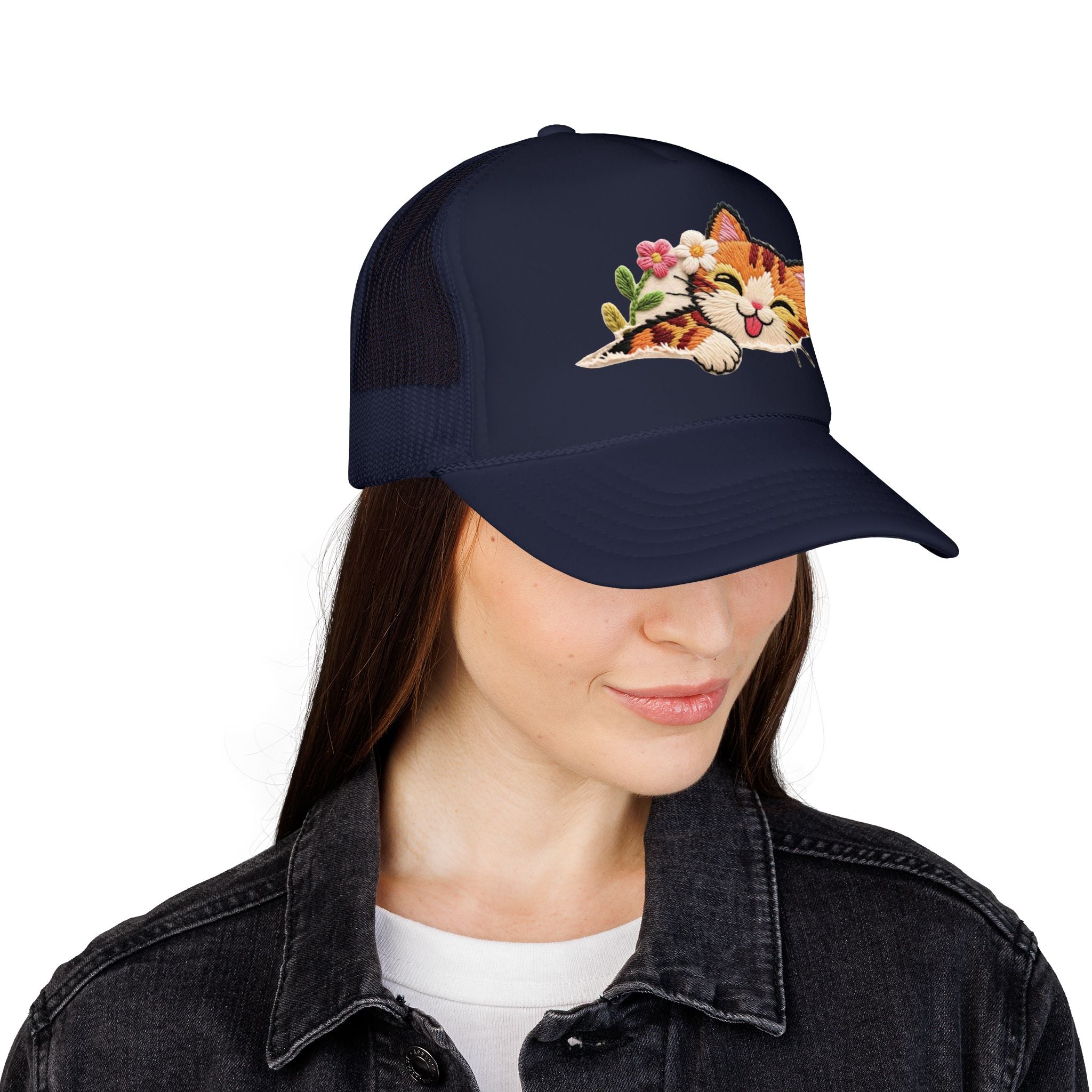 Trucker Hat — Cute Sleeping Calico Cat with Flowers Foam Mesh Cap