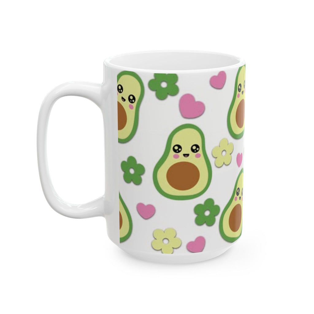 Avocado Pattern Ceramic Mug — Cute Kawaii Avocado Hearts & Flowers Coffee Cup (11oz/15oz)