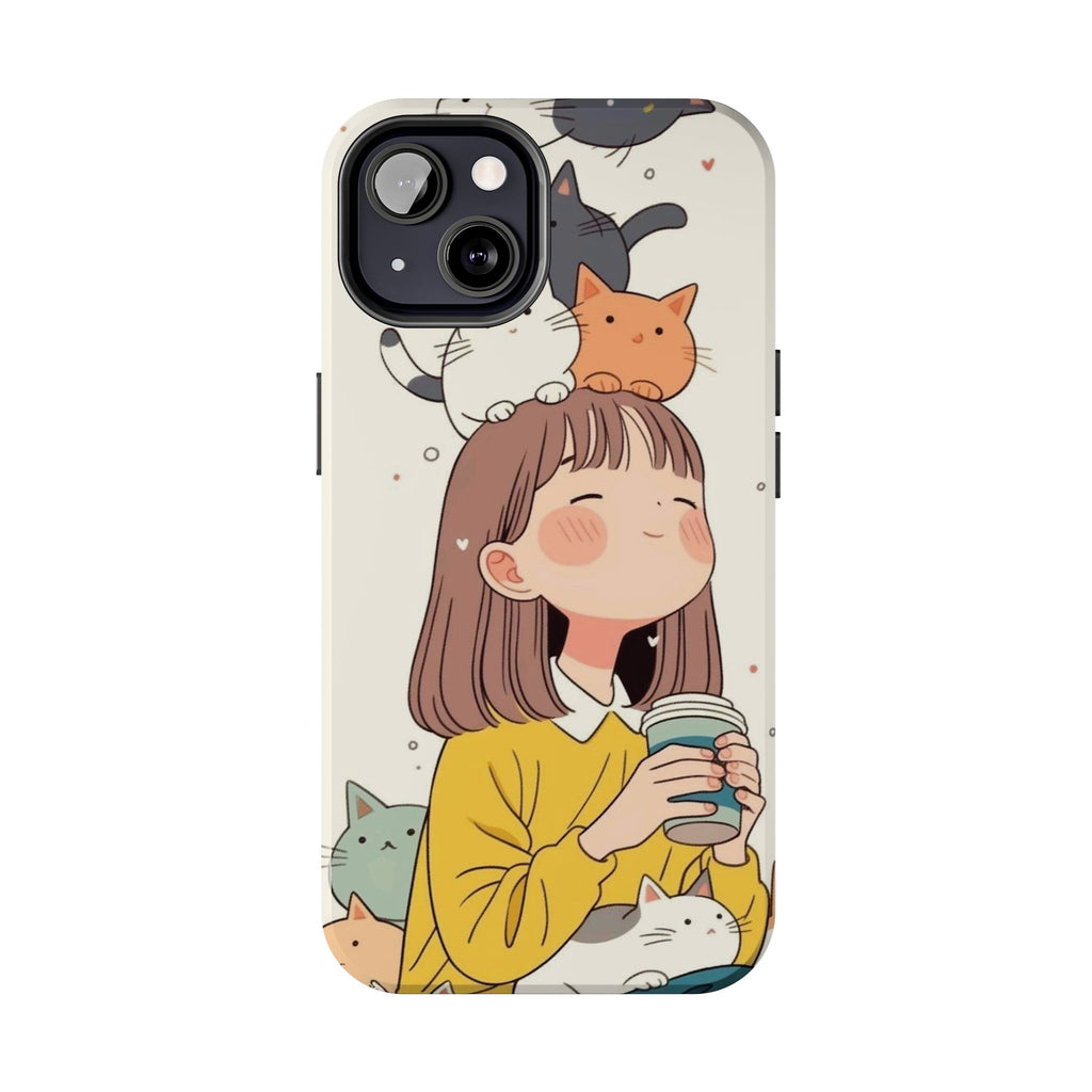 Girl with Cats Phone Case | Cute Cat Stack Illustration