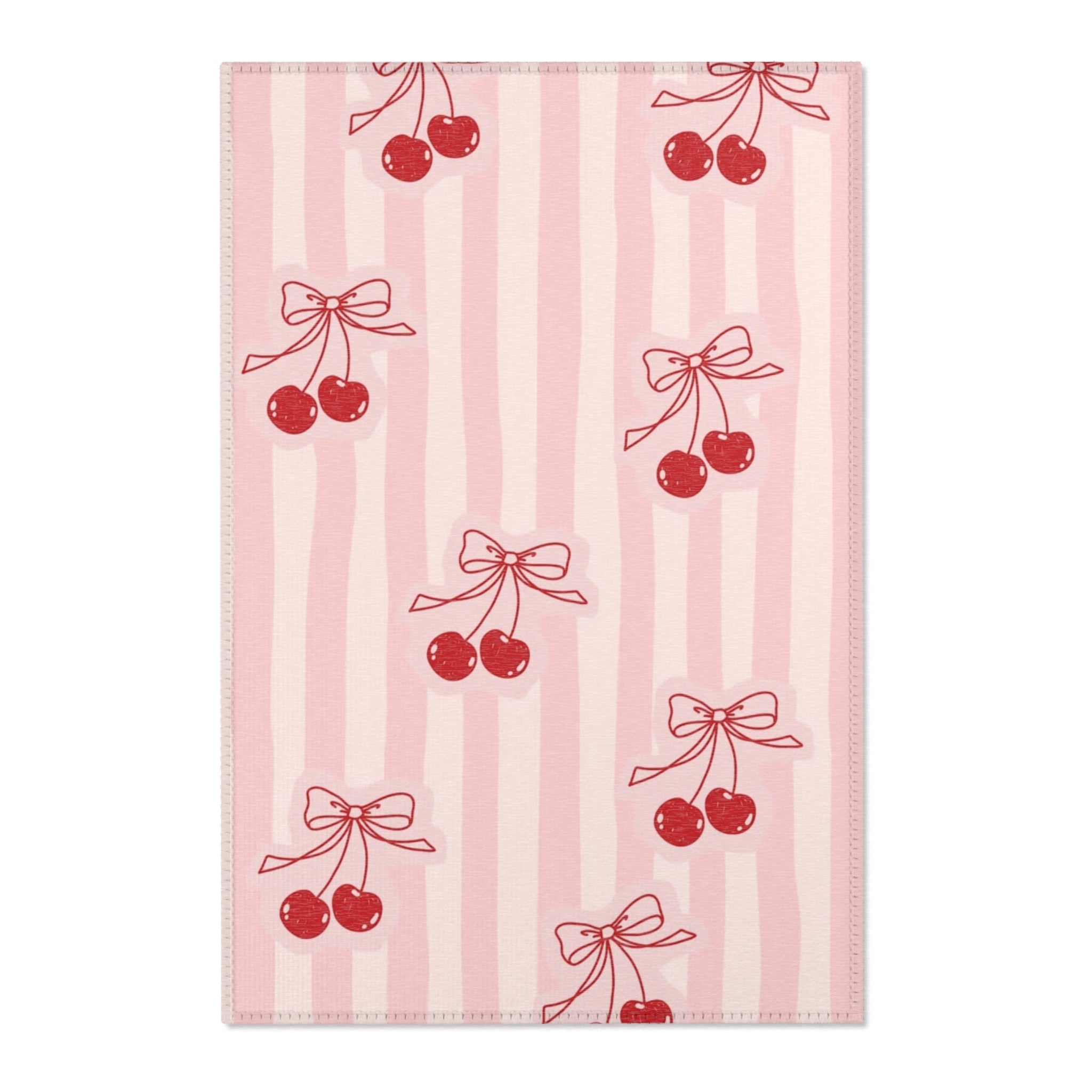 Cherry Bow Area Rug — Pink Striped Cute Kitchen or Nursery Accent Rug