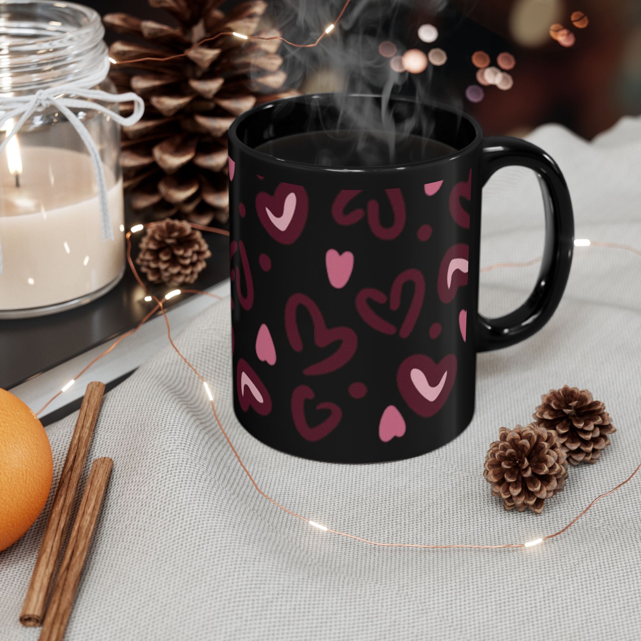 Hand-Drawn Pink Hearts Black Mug | Ceramic Heart Pattern Coffee Mug