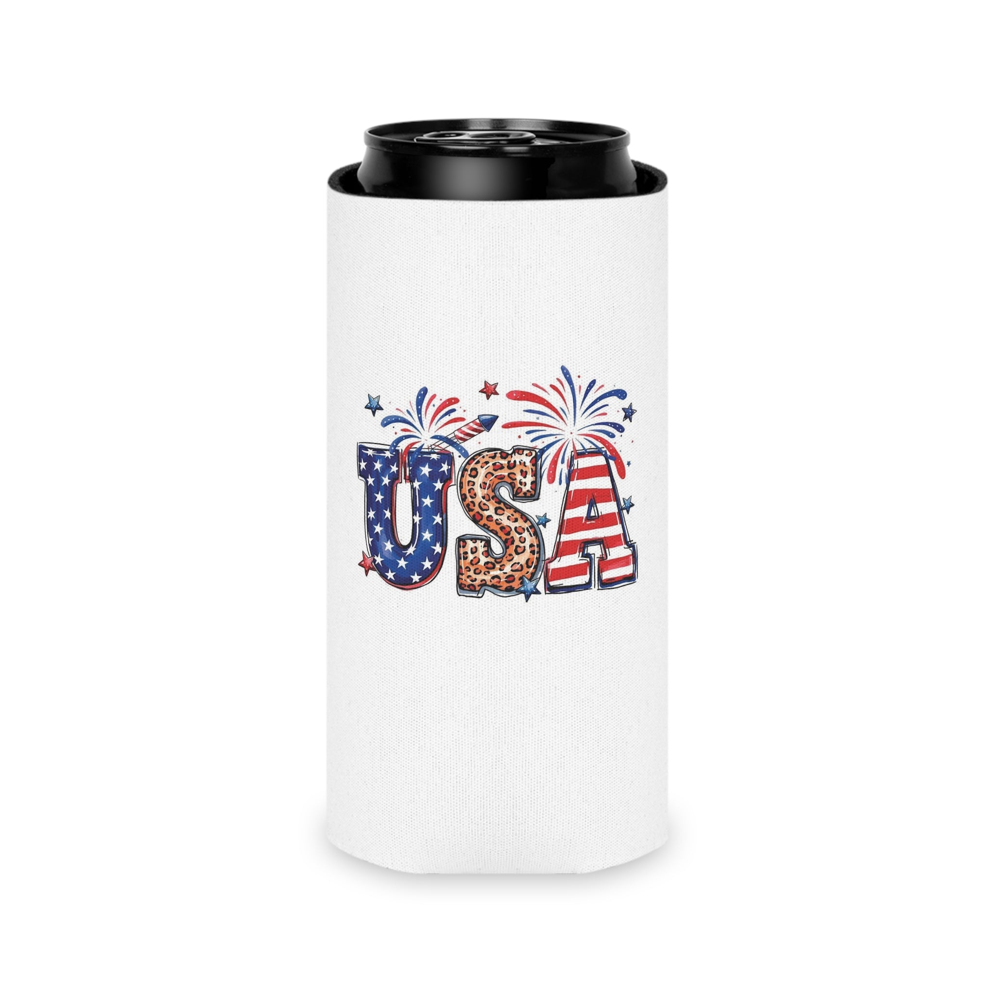Patriotic USA Letters Can Cooler | American Flag Fireworks