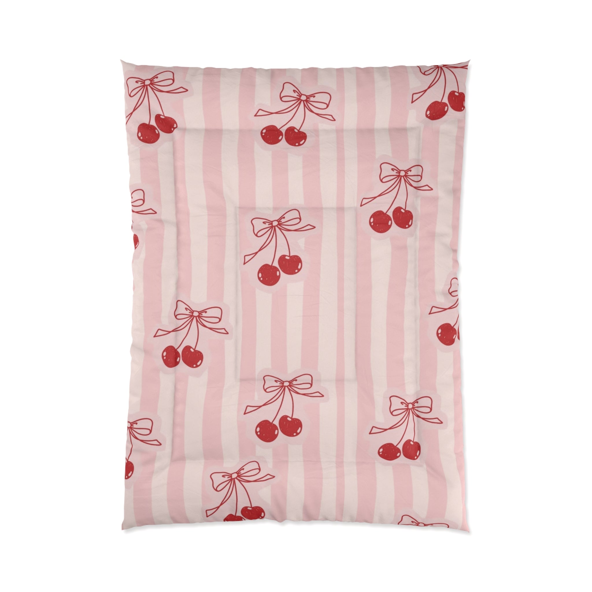 Cherry Bow Comforter - Pink Striped Cherry Print Bedding for Girls & Teens