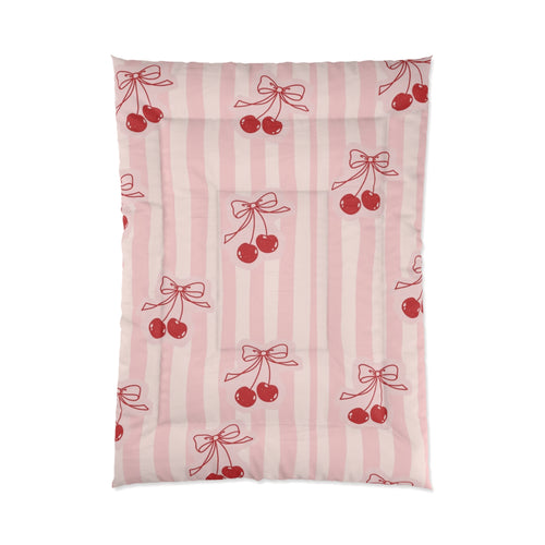 Cherry Bow Comforter - Pink Striped Cherry Print Bedding for Girls & Teens